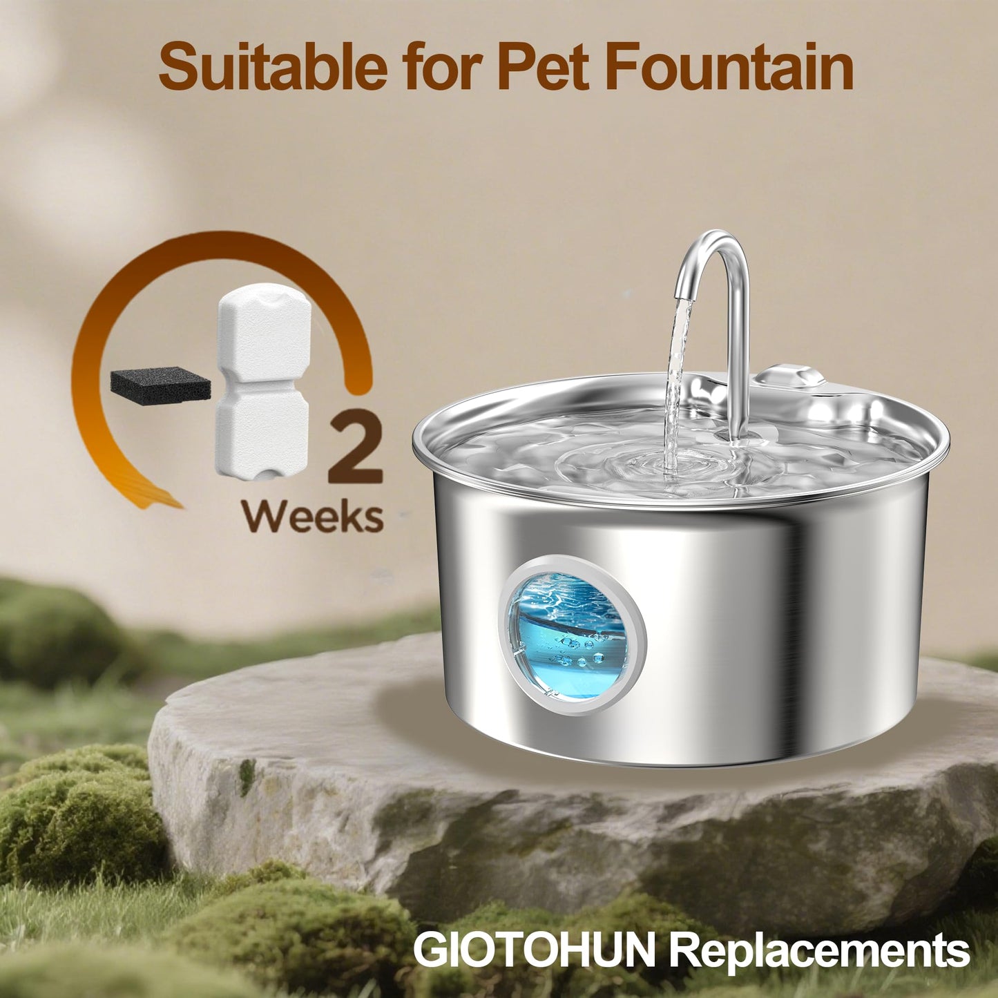Cat Water Fountain for Drinking: Stainless Steel Cat Fountain - 2.2L Water Fountain Cat Bowl - Pet Water Fountain - Cat Drinking Fountain - Visible Water Level Cat Water Dispensers - GIOTOHUN