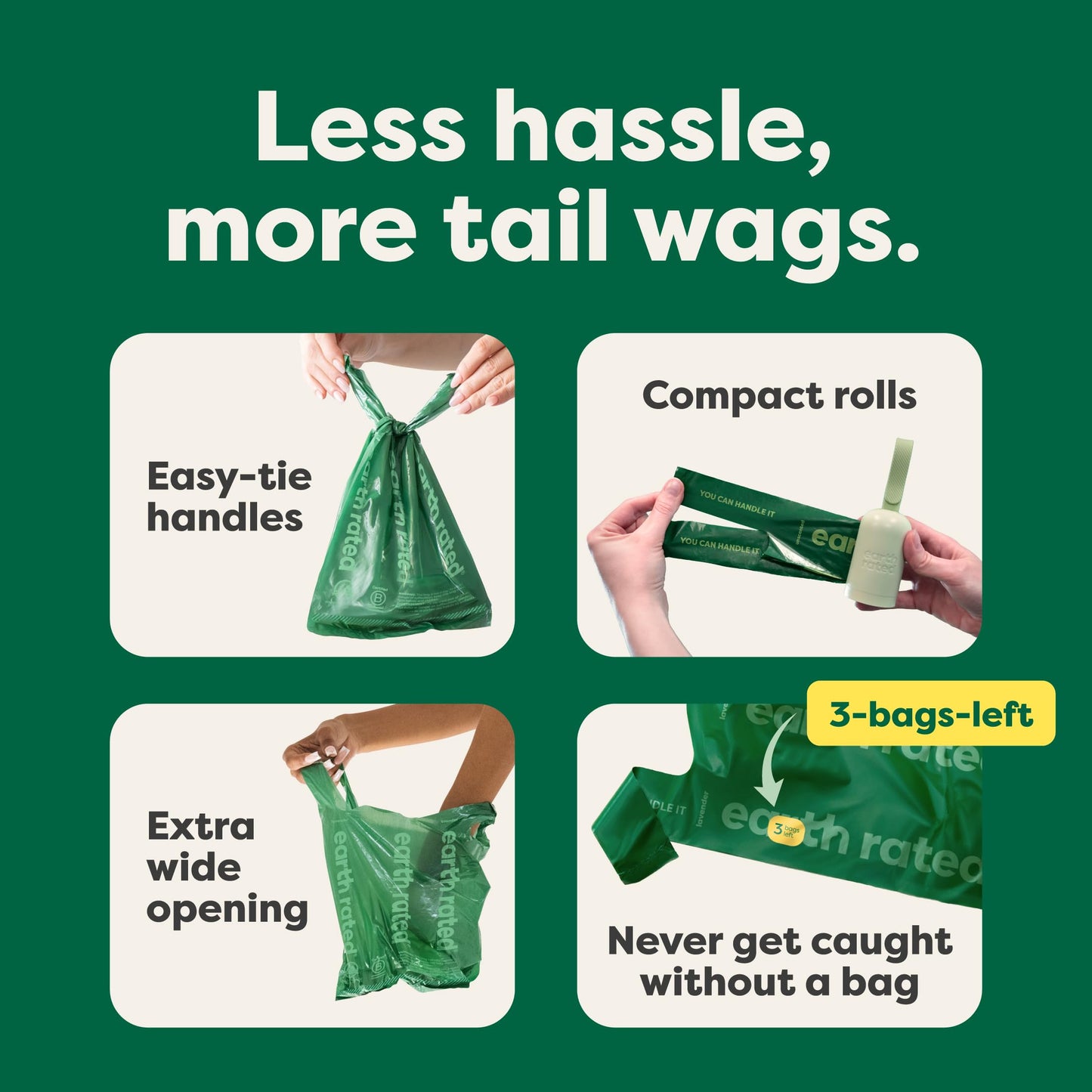 Earth Rated Dog Poop Bags with Tie Handles on Refill Rolls, Extra Wide, Easy-Tie Opening, Guaranteed Leak-Proof, Unscented, 105 Count