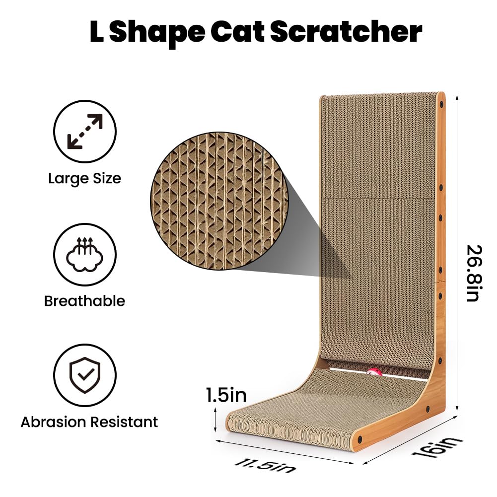 Petslucent Cat Scratcher, 26.8 Inch L Shape Cat Scratching Board with Box, Cat Scratching Cardboard with Ball Toy for Indoor Cats, Large Size
