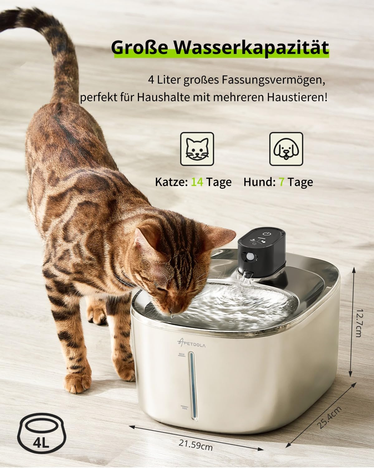 APETDOLA Stainless Steel Cat Water Fountain, 135 fl oz/4L Wireless Cat Fountain for Drinking, Automatic Water Fountain Cats Bowl for Pets and Dogs (white, 1 filter)