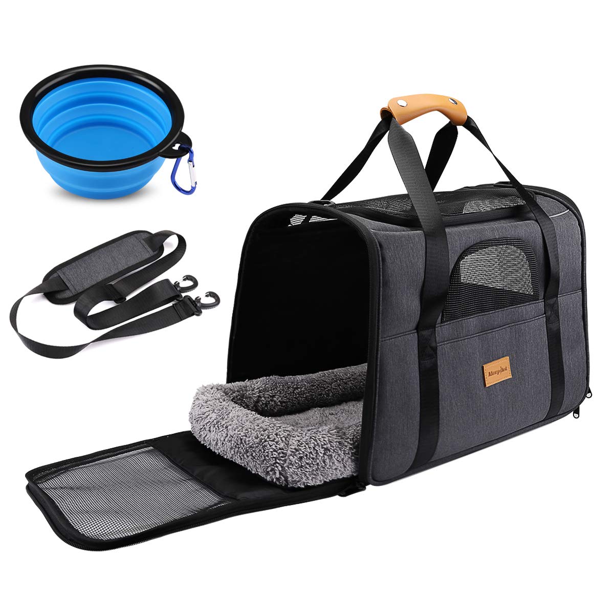 Morpilot Portable Pet Carrier Bag, Top Opening, Removable Mat and Breathable Mesh, Foldable Transport Carrier for Dogs and Cats, with Shoulder Strap and Pet Bowl