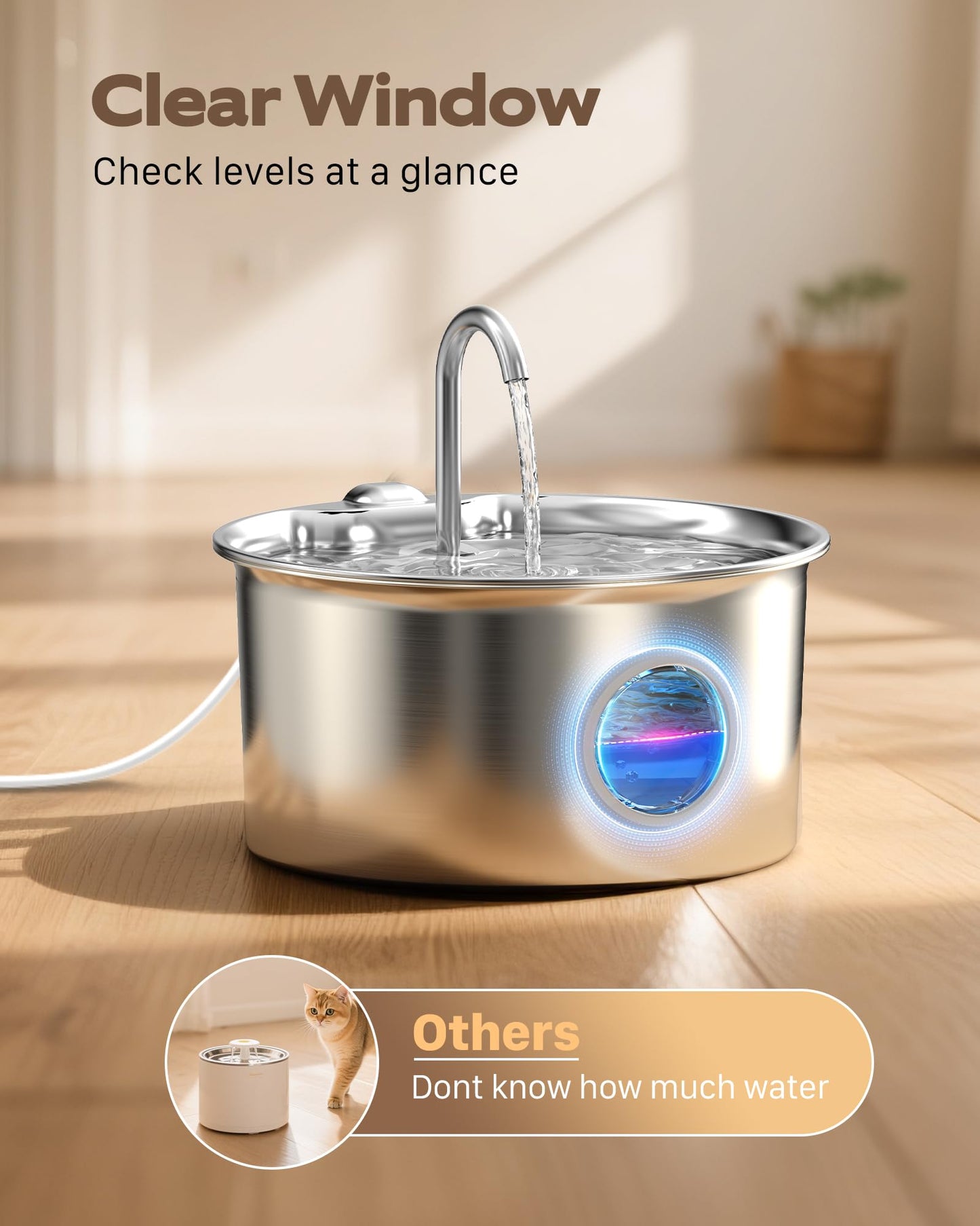 Cat Water Fountain for Drinking: Stainless Steel Cat Fountain - 2.6L Water Fountains Cats Bowl automatic - Silent Pet Water Fountain Indoor - Pet Drinking Fountain with Visible Water Level Window