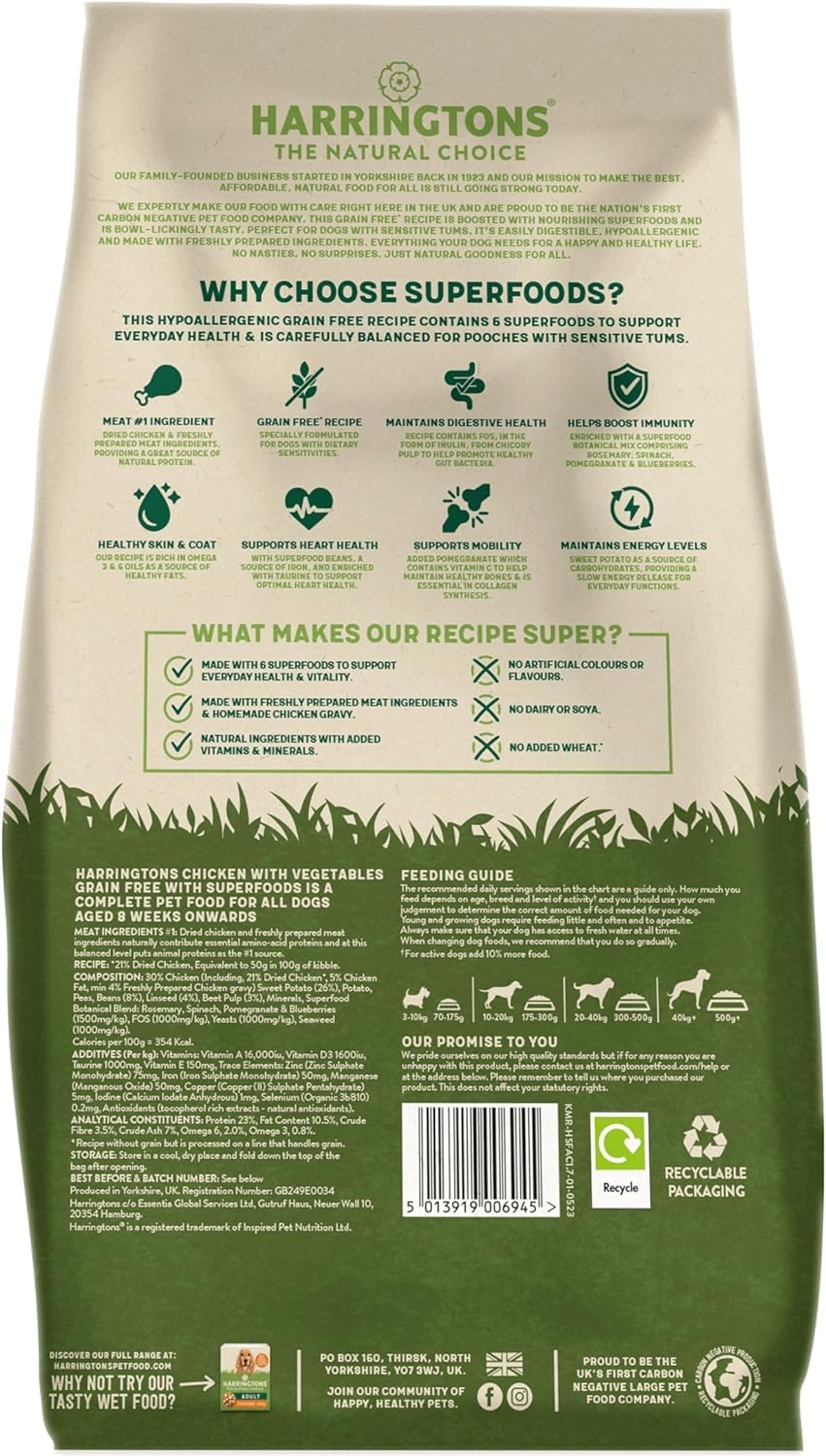 Harringtons Superfoods Complete Grain Free Hypoallergenic Dry Adult Dog Food - Made with All Natural Ingredients