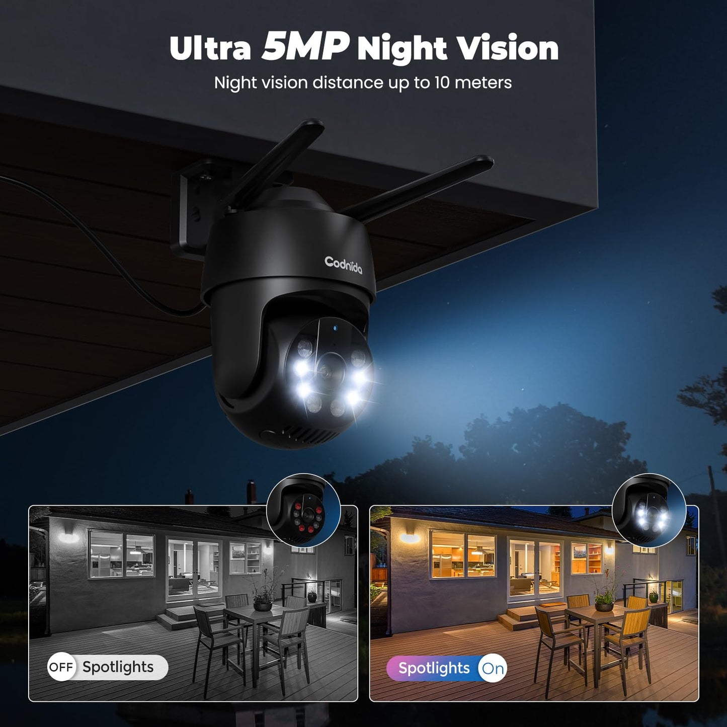 Codnida 2K Security Camera Outdoor, 360° PTZ WiFi Camera, CCTV Camera with 24/7 Recording, PIR Human Detection, Sound and Light Alarm, Support 16-128G SD Card, Works with Alexa
