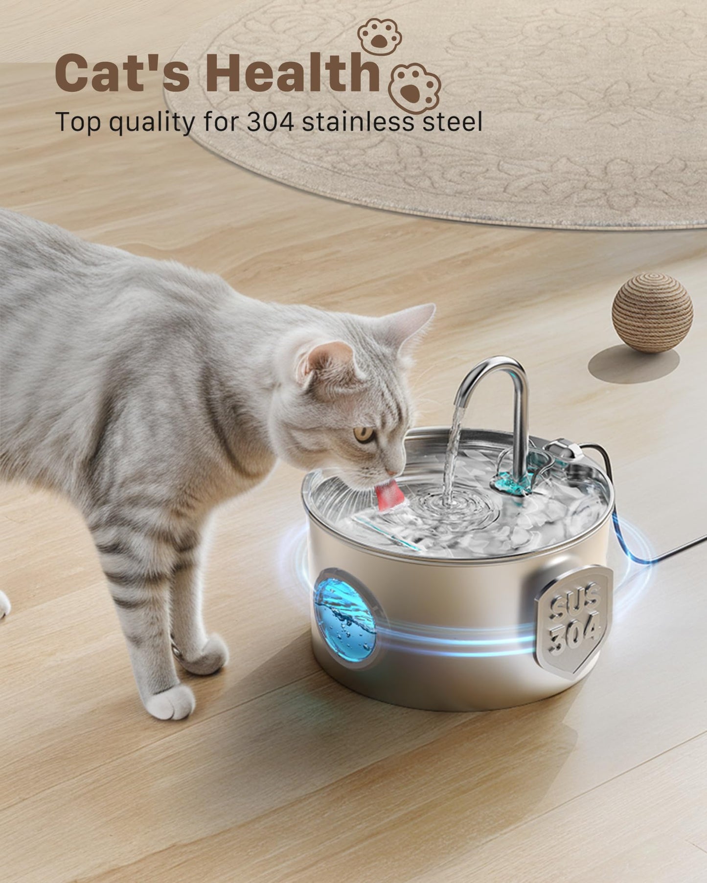 Cat Water Fountain for Drinking: Stainless Steel Cat Fountain - 2.2L Water Fountain Cat Bowl - Pet Water Fountain - Cat Drinking Fountain - Visible Water Level Cat Water Dispensers - GIOTOHUN
