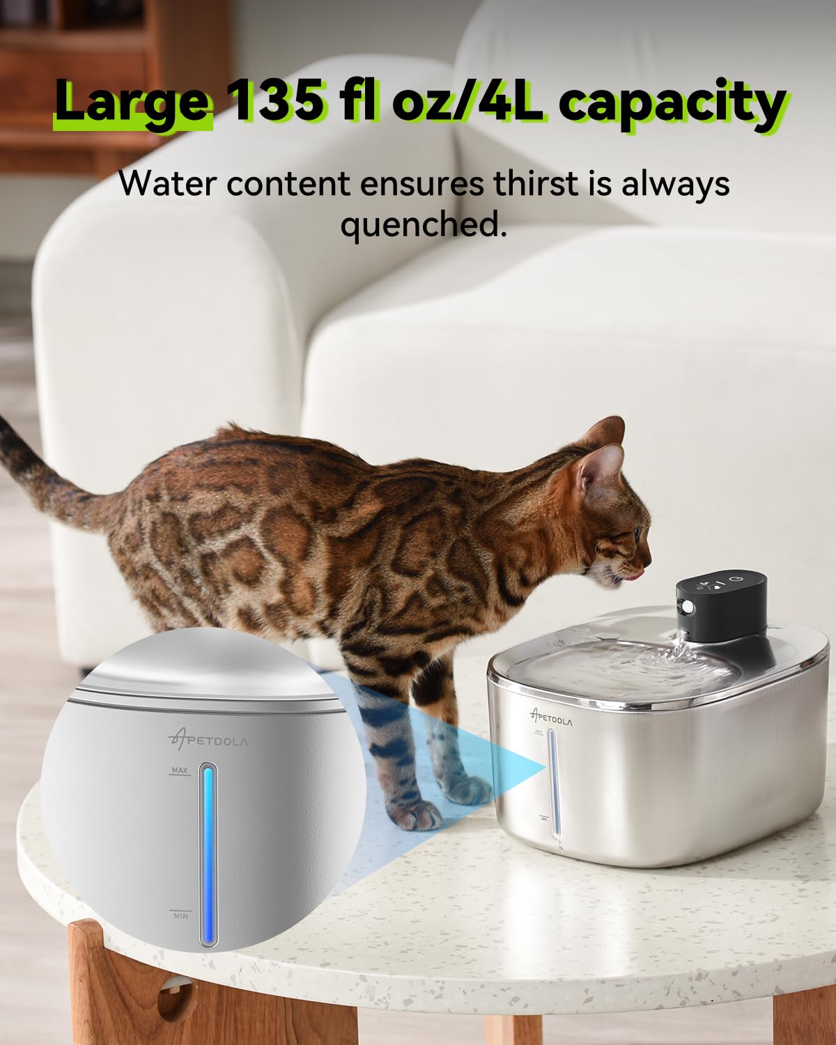 APETDOLA Stainless Steel Cat Water Fountain, 135 fl oz/4L Wireless Cat Fountain for Drinking, Automatic Water Fountain Cats Bowl for Pets and Dogs (white, 1 filter)