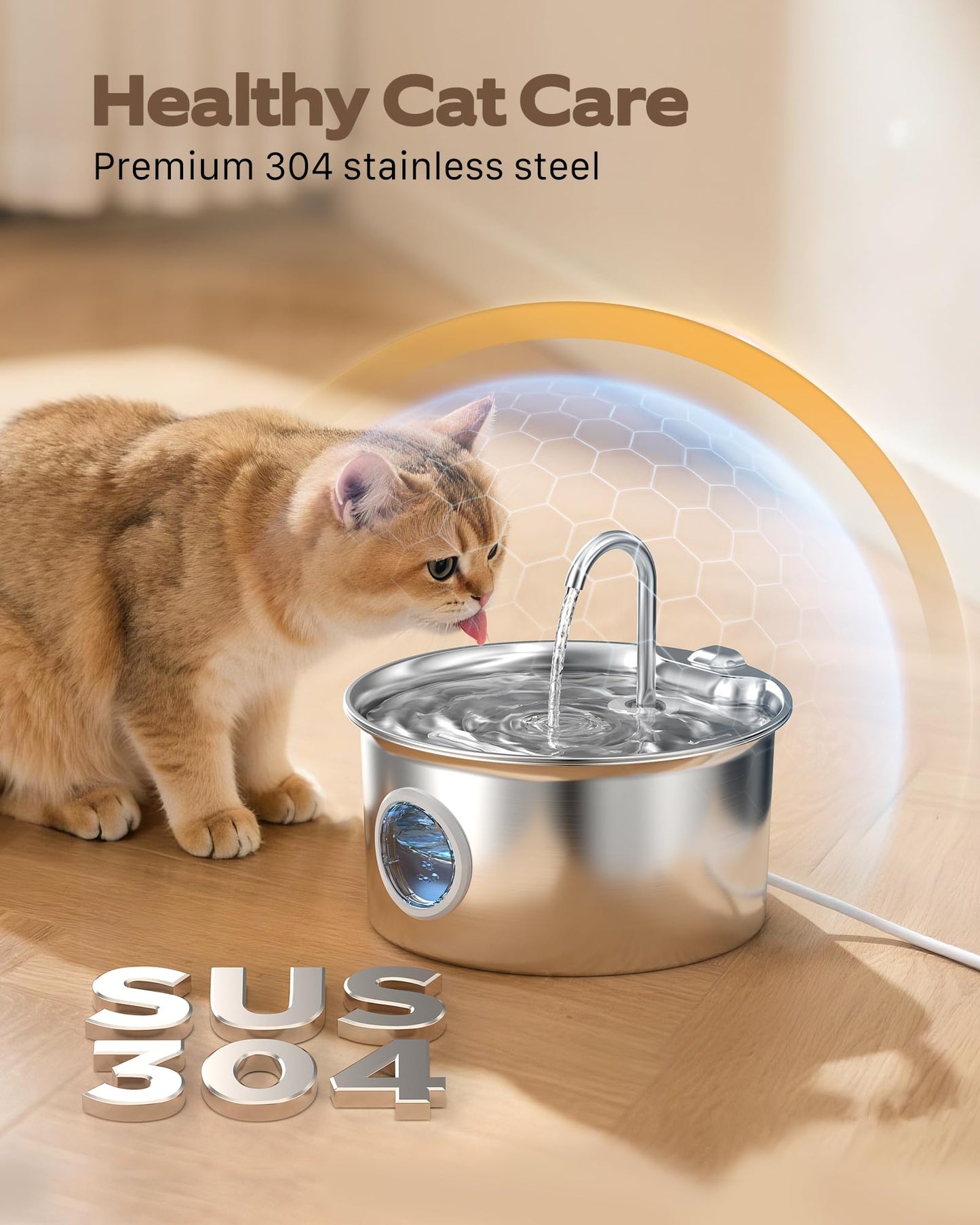 Cat Water Fountain for Drinking: Stainless Steel Cat Fountain - 2.6L Water Fountains Cats Bowl automatic - Silent Pet Water Fountain Indoor - Pet Drinking Fountain with Visible Water Level Window