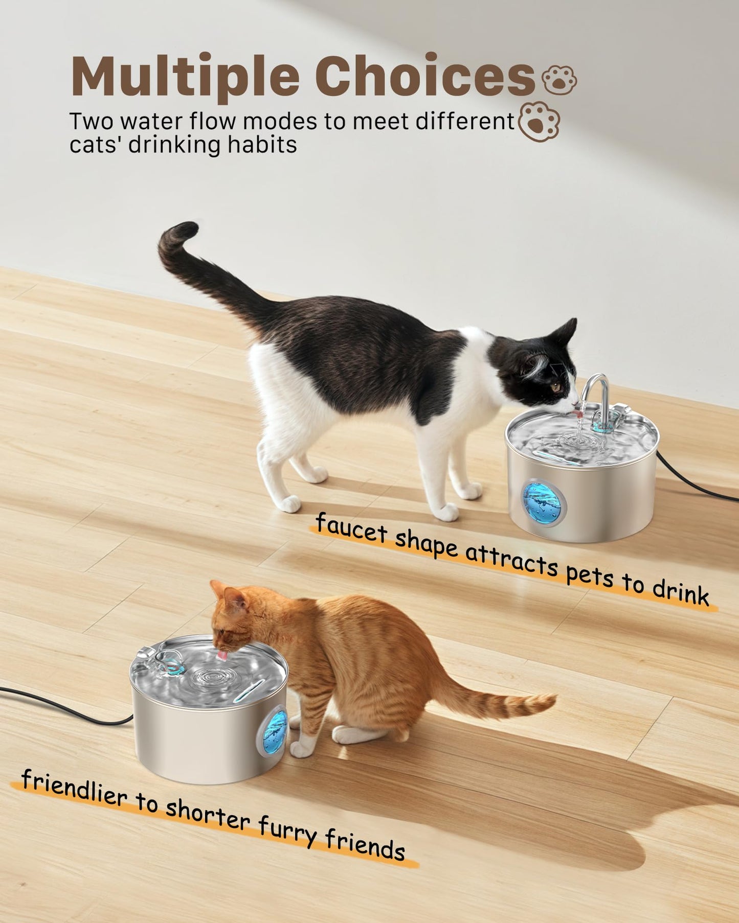 Cat Water Fountain for Drinking: Stainless Steel Cat Fountain - 2.2L Water Fountain Cat Bowl - Pet Water Fountain - Cat Drinking Fountain - Visible Water Level Cat Water Dispensers - GIOTOHUN
