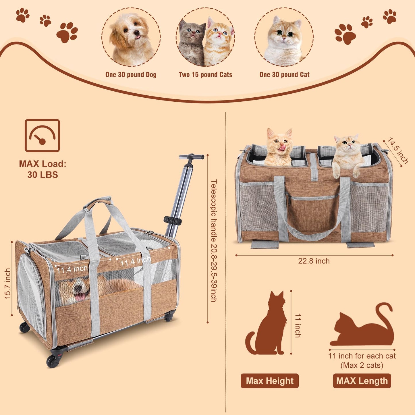 Double-Compartment Rolling Cat Carrier with Wheels for 2 Cats, Foldable Pet Carrier with Wheels for 2 Small Cats and Dogs, Fully Breathable, Perfect for Traveling/Hiking/Camping/Veterinary Visits