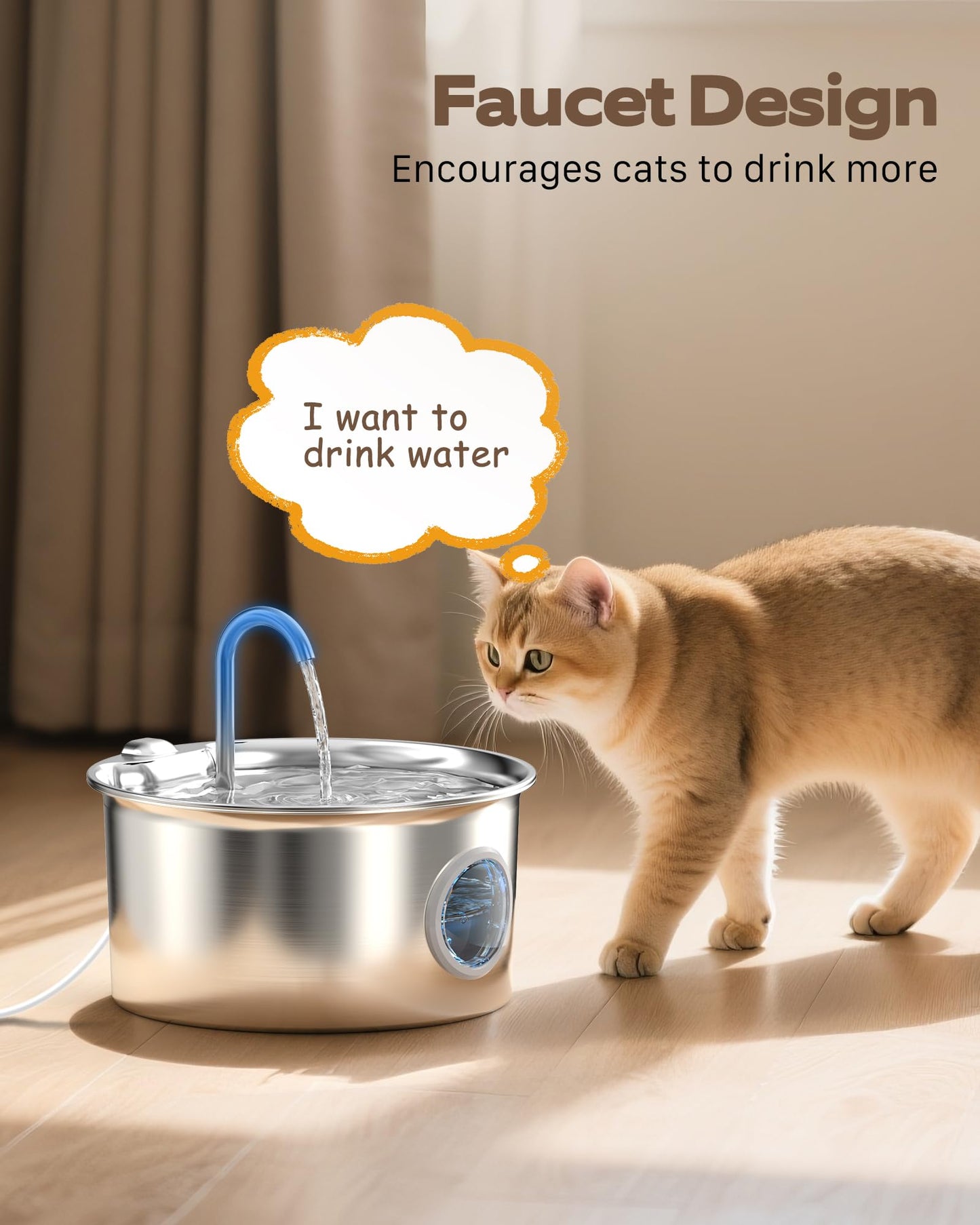 Cat Water Fountain for Drinking: Stainless Steel Cat Fountain - 2.6L Water Fountains Cats Bowl automatic - Silent Pet Water Fountain Indoor - Pet Drinking Fountain with Visible Water Level Window