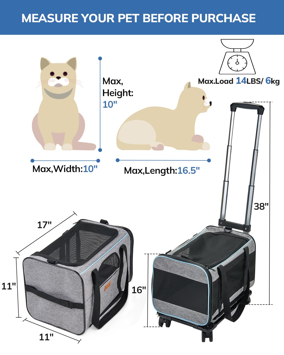 Morpilot Portable Pet Carrier Bag, Top Opening, Removable Mat and Breathable Mesh, Foldable Transport Carrier for Dogs and Cats, with Shoulder Strap and Pet Bowl