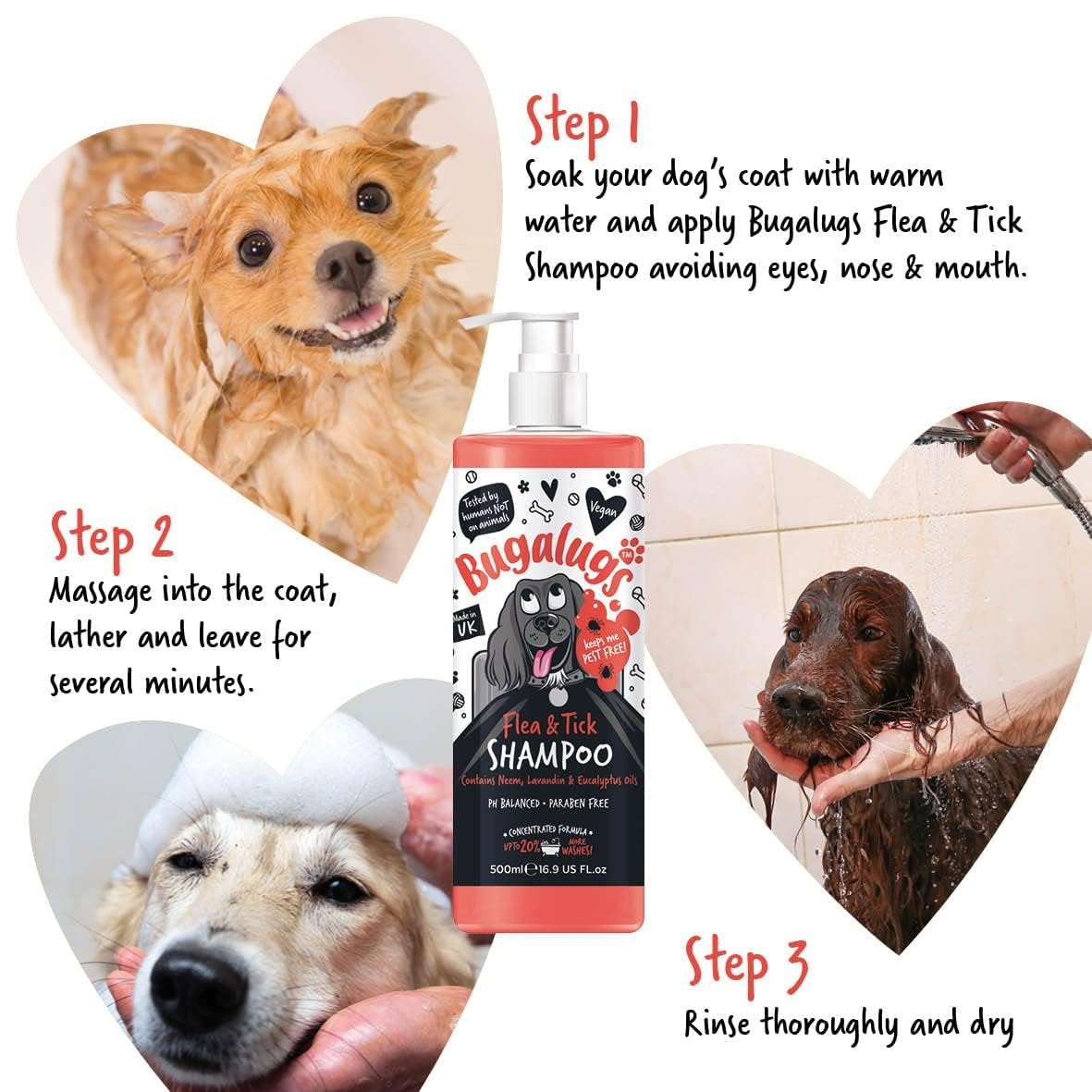 Flea and Tick Dog Shampoo by Bugalugs, Works on Smelly Puppies & Dogs, Contains Neem Oil PH Balanced Vegan Used by Professional Groom (Shampoo 500ml)