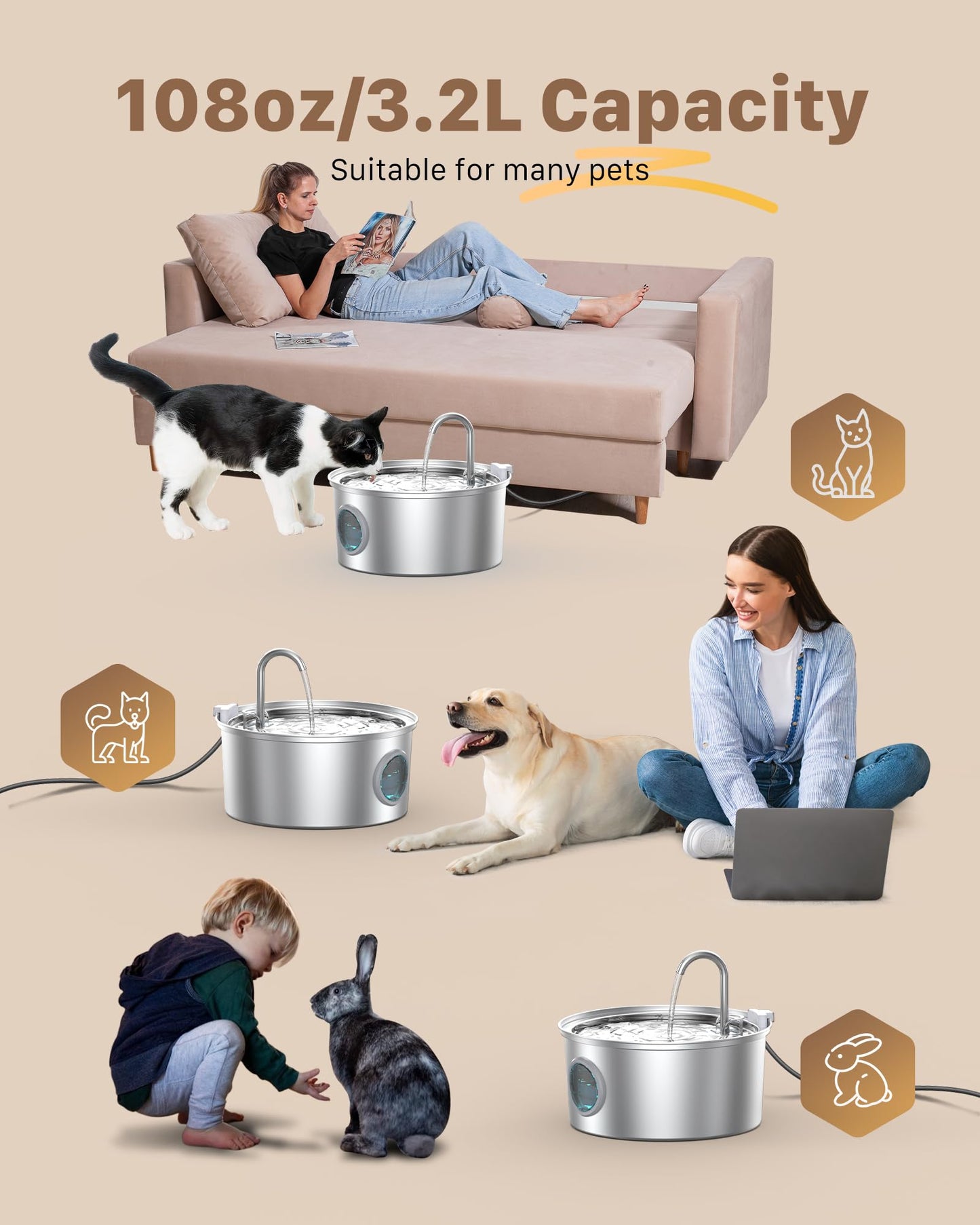 Cat Water Fountain for Drinking: Stainless Steel Cat Fountain - 2.2L Water Fountain Cat Bowl - Pet Water Fountain - Cat Drinking Fountain - Visible Water Level Cat Water Dispensers - GIOTOHUN