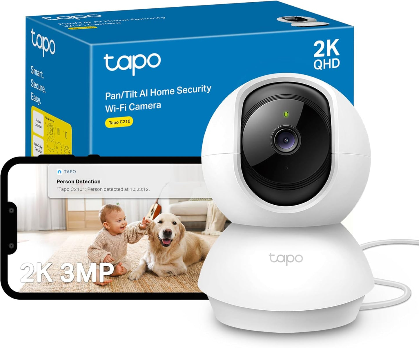 Tapo C210 2K 3MP Pan/Tilt Indoor Camera House Security Camera, WiFi Camera, No Monthly Fee, AI Detection, Dog Puppy Camera, Baby Camera Monitor, 360° View, Night Vision, Works with Alexa & Google