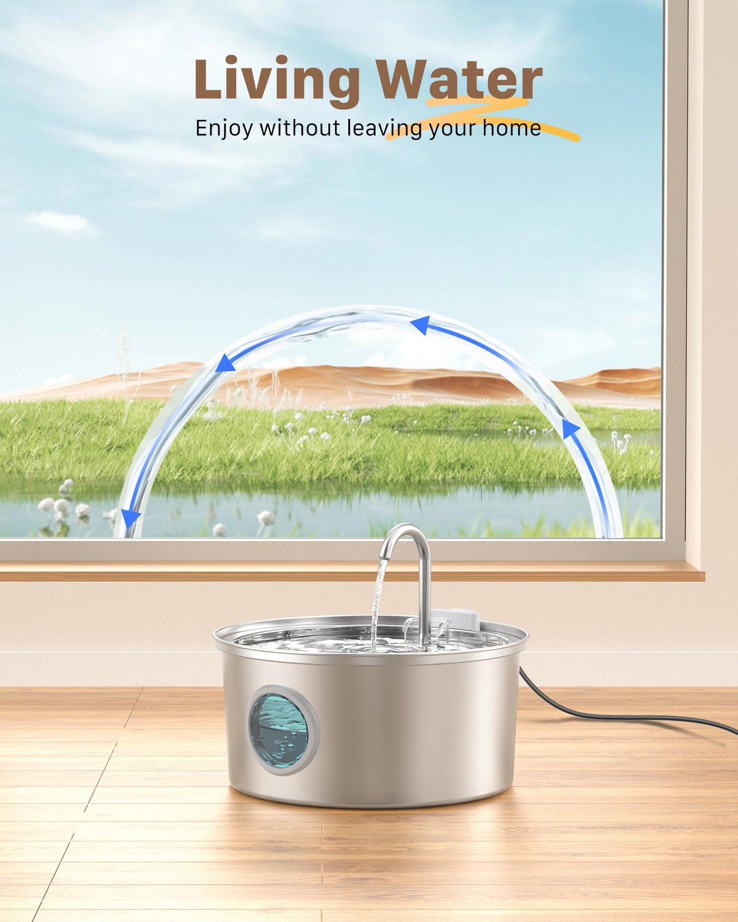 Cat Water Fountain for Drinking: Stainless Steel Cat Fountain - 2.2L Water Fountain Cat Bowl - Pet Water Fountain - Cat Drinking Fountain - Visible Water Level Cat Water Dispensers - GIOTOHUN
