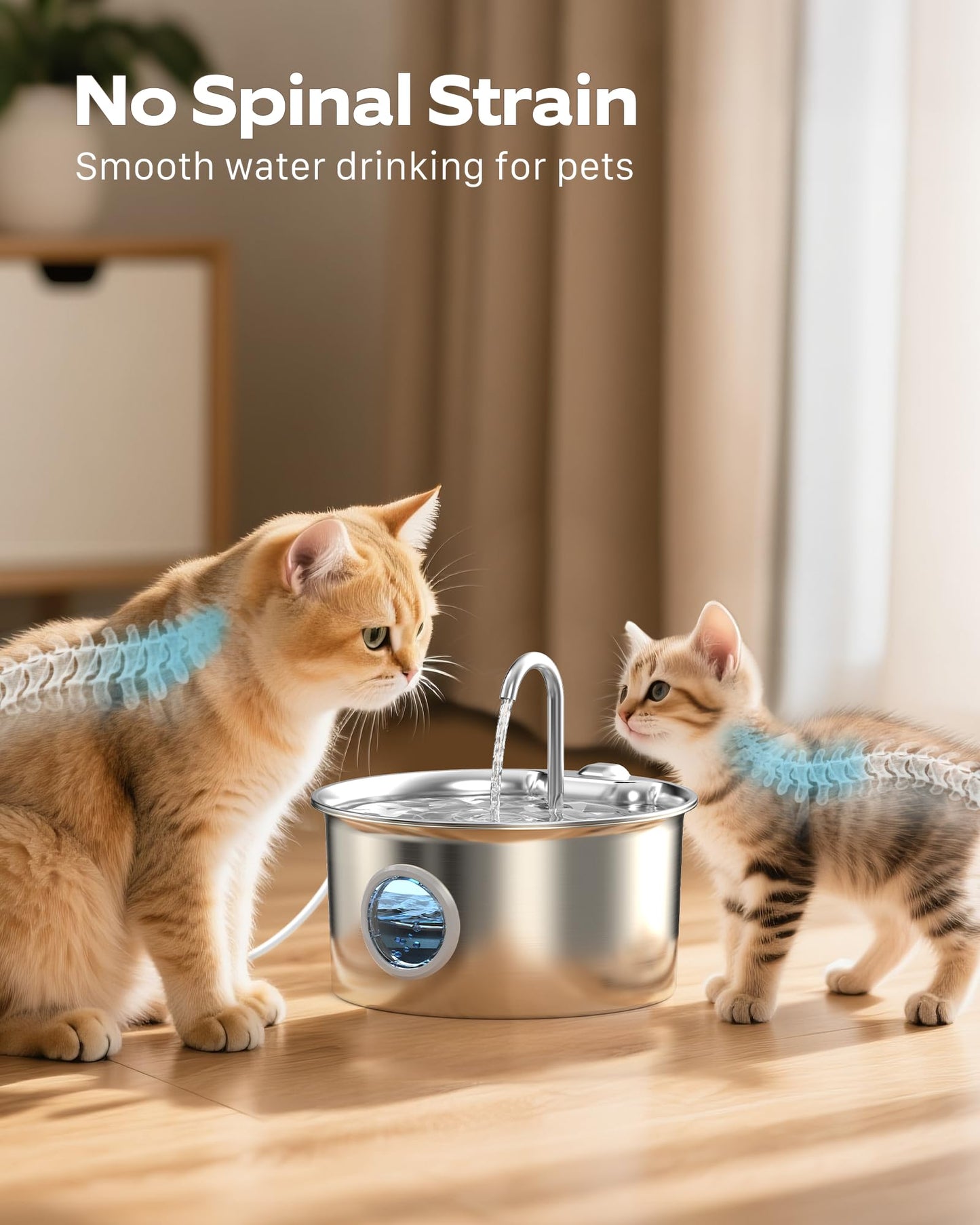 Cat Water Fountain for Drinking: Stainless Steel Cat Fountain - 2.6L Water Fountains Cats Bowl automatic - Silent Pet Water Fountain Indoor - Pet Drinking Fountain with Visible Water Level Window