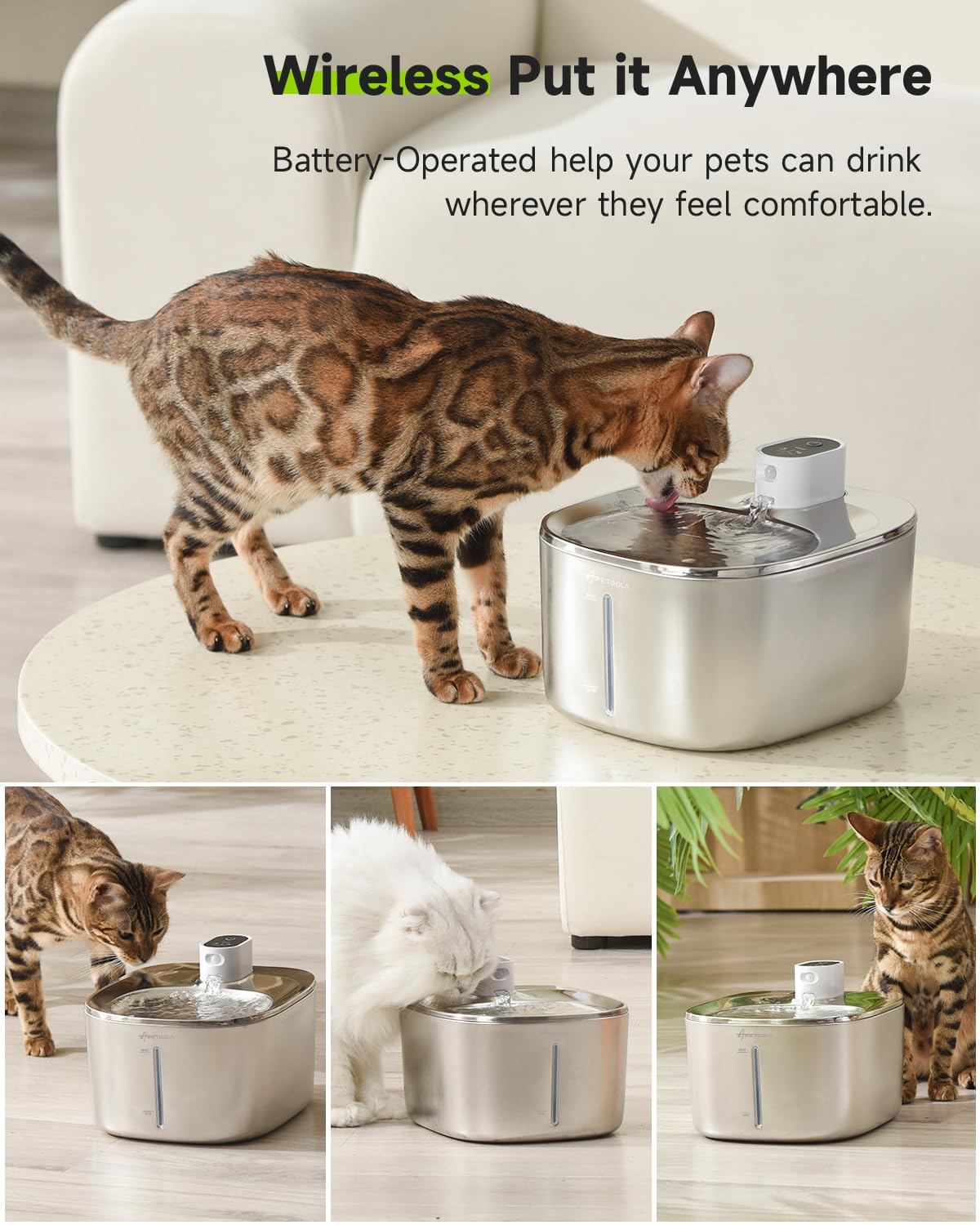 APETDOLA Stainless Steel Cat Water Fountain, 135 fl oz/4L Wireless Cat Fountain for Drinking, Automatic Water Fountain Cats Bowl for Pets and Dogs (white, 1 filter)