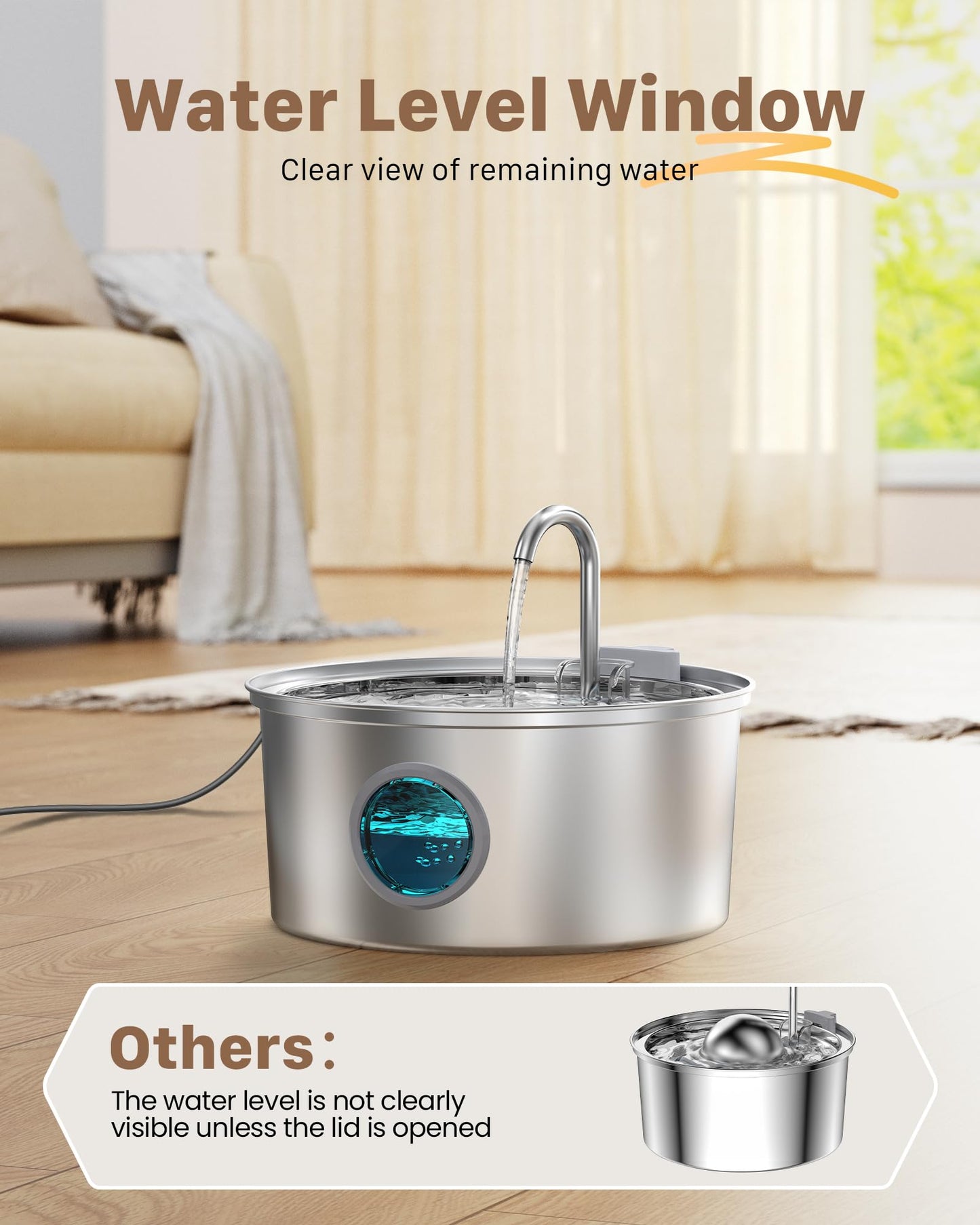 Cat Water Fountain for Drinking: Stainless Steel Cat Fountain - 2.2L Water Fountain Cat Bowl - Pet Water Fountain - Cat Drinking Fountain - Visible Water Level Cat Water Dispensers - GIOTOHUN