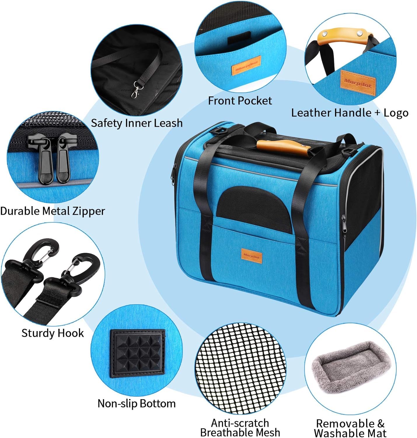 Morpilot Portable Pet Carrier Bag, Top Opening, Removable Mat and Breathable Mesh, Foldable Transport Carrier for Dogs and Cats, with Shoulder Strap and Pet Bowl