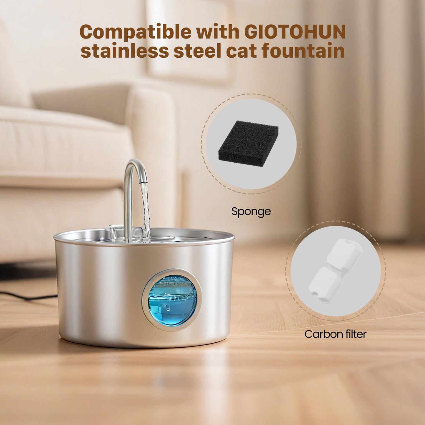 Cat Water Fountain for Drinking: Stainless Steel Cat Fountain - 2.2L Water Fountain Cat Bowl - Pet Water Fountain - Cat Drinking Fountain - Visible Water Level Cat Water Dispensers - GIOTOHUN