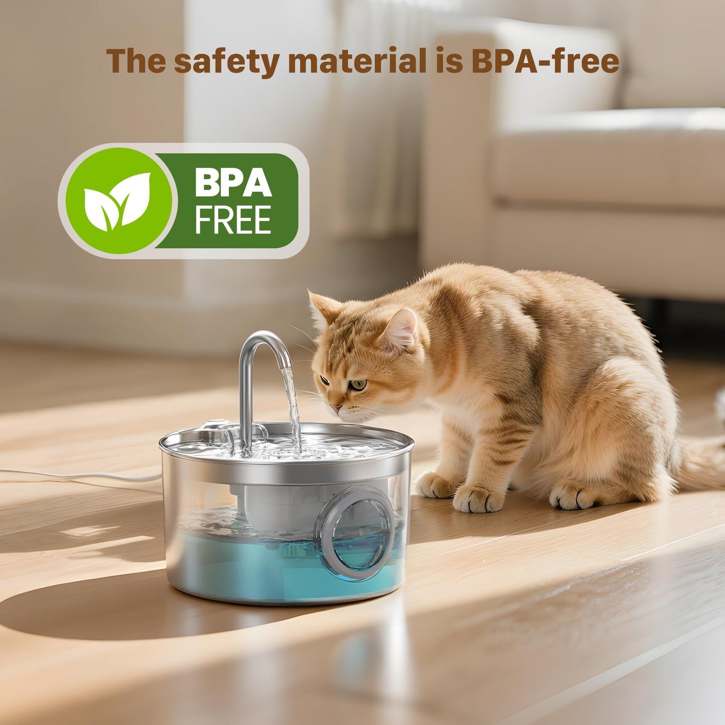 Cat Water Fountain for Drinking: Stainless Steel Cat Fountain - 2.2L Water Fountain Cat Bowl - Pet Water Fountain - Cat Drinking Fountain - Visible Water Level Cat Water Dispensers - GIOTOHUN