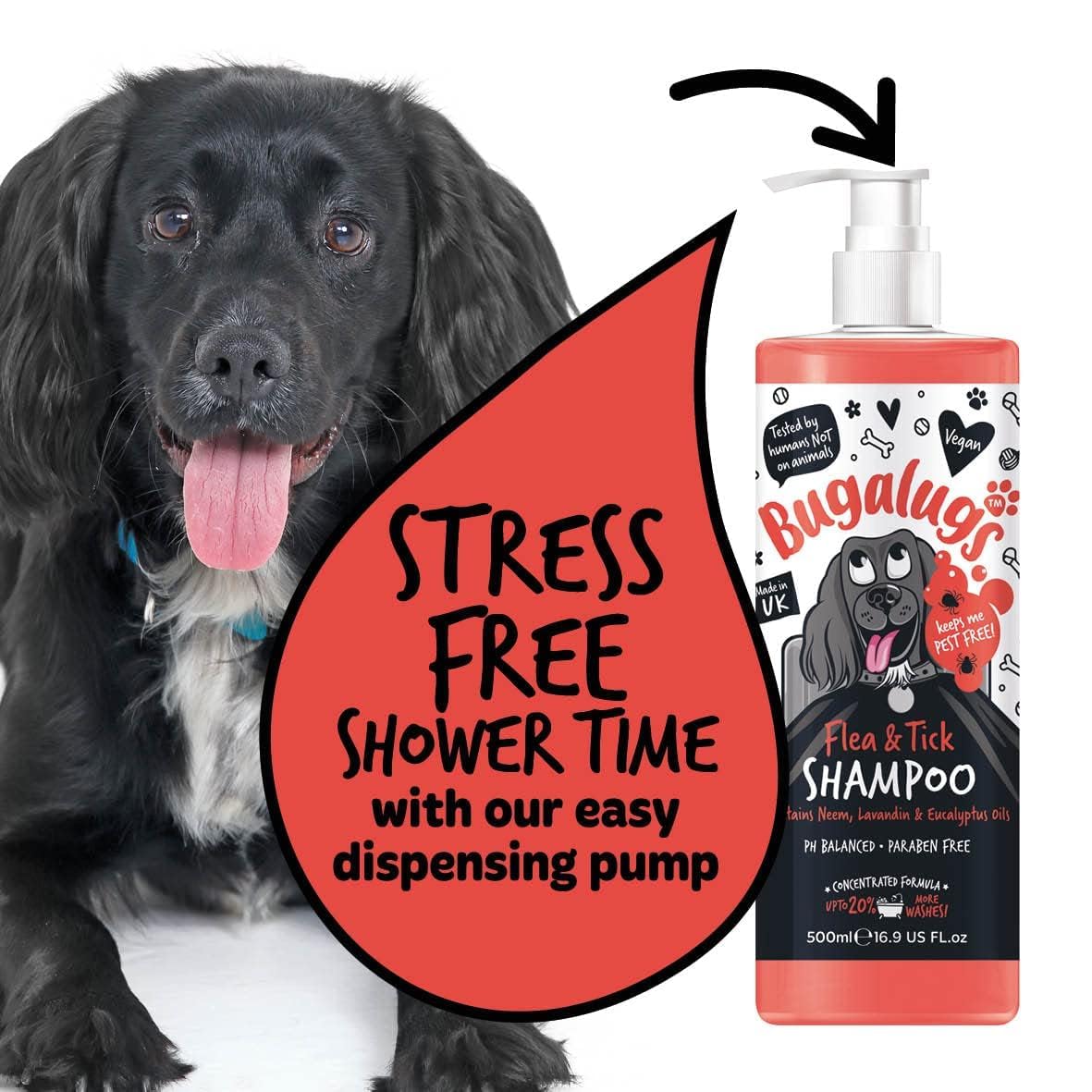 Flea and Tick Dog Shampoo by Bugalugs, Works on Smelly Puppies & Dogs, Contains Neem Oil PH Balanced Vegan Used by Professional Groom (Shampoo 500ml)