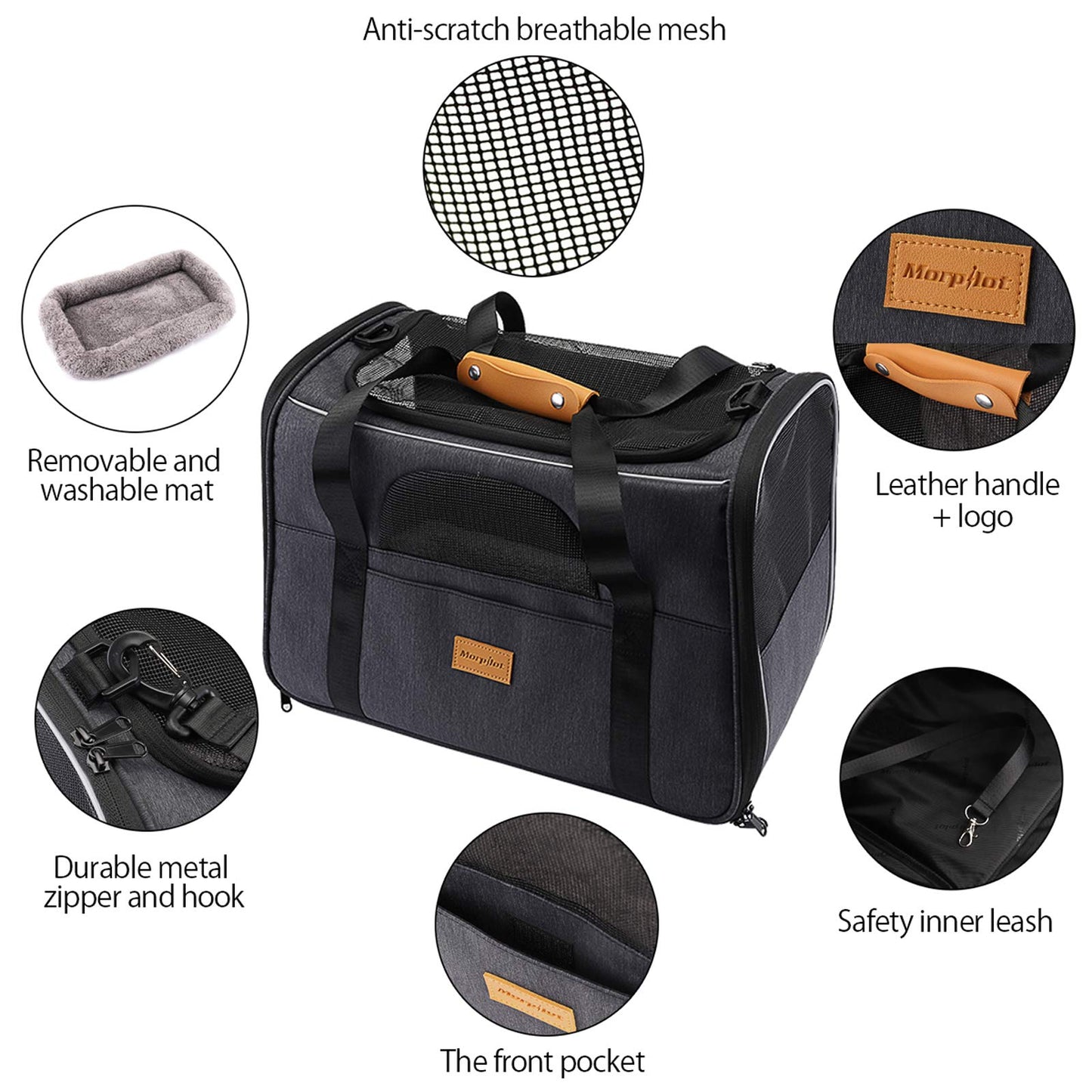 Morpilot Portable Pet Carrier Bag, Top Opening, Removable Mat and Breathable Mesh, Foldable Transport Carrier for Dogs and Cats, with Shoulder Strap and Pet Bowl