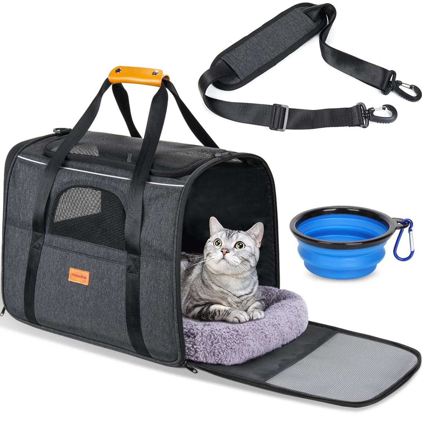 Morpilot Portable Pet Carrier Bag, Top Opening, Removable Mat and Breathable Mesh, Foldable Transport Carrier for Dogs and Cats, with Shoulder Strap and Pet Bowl