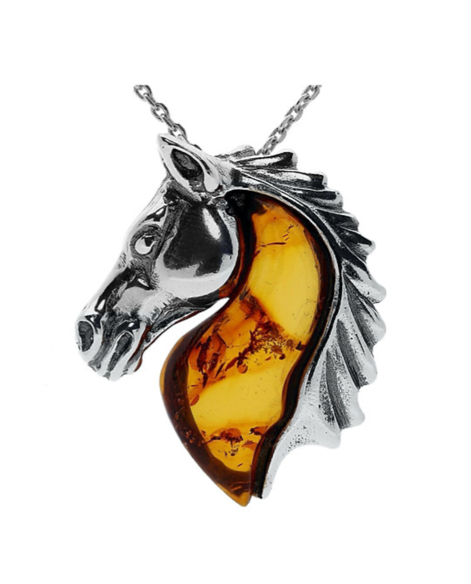 Designer Amber Horse Sterling Silver Pendant. FREE DELIVERY