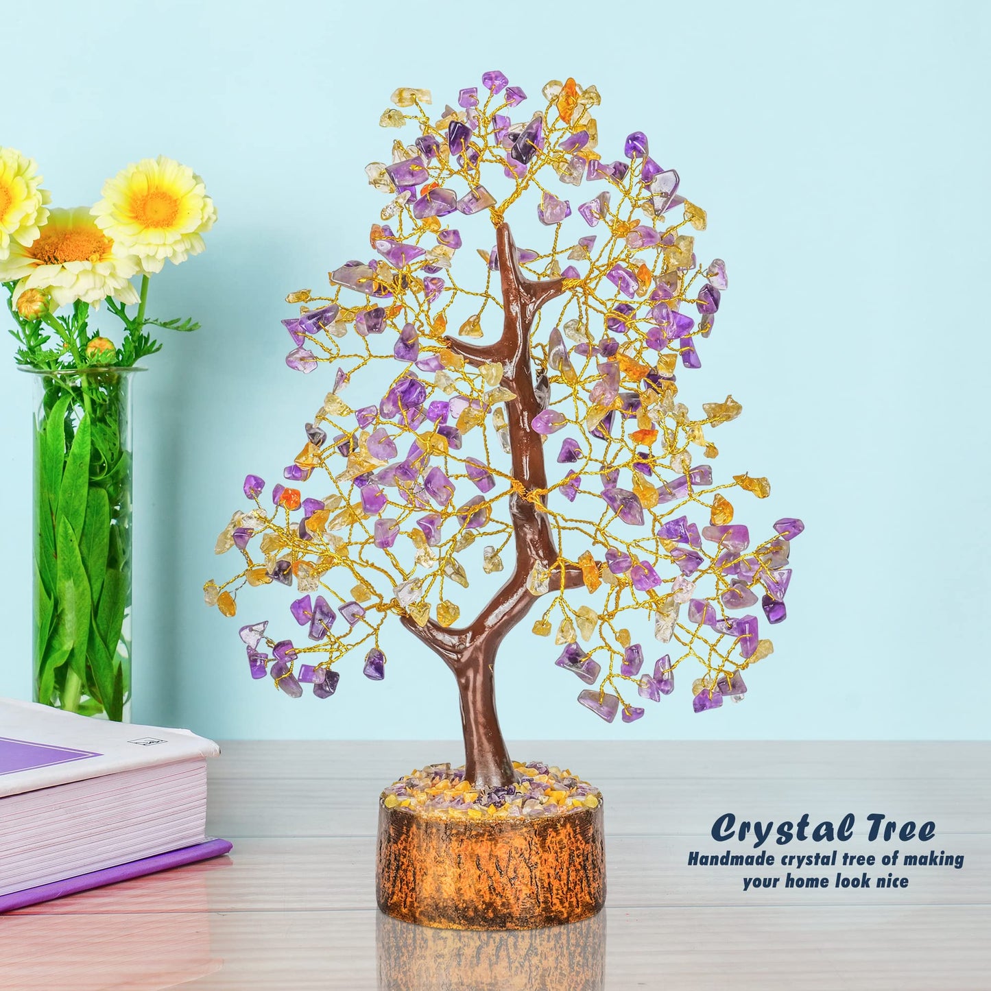 Tree of Life Gemstone Bonsai - Artificial Home and Office Decor, Spiritual Gift With Chakra Stones, Love Stone, Positive Energy - Crystal Rose Quartz