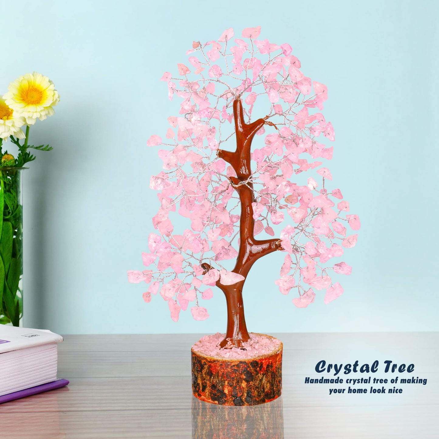 Tree of Life Gemstone Bonsai - Artificial Home and Office Decor, Spiritual Gift With Chakra Stones, Love Stone, Positive Energy - Crystal Rose Quartz