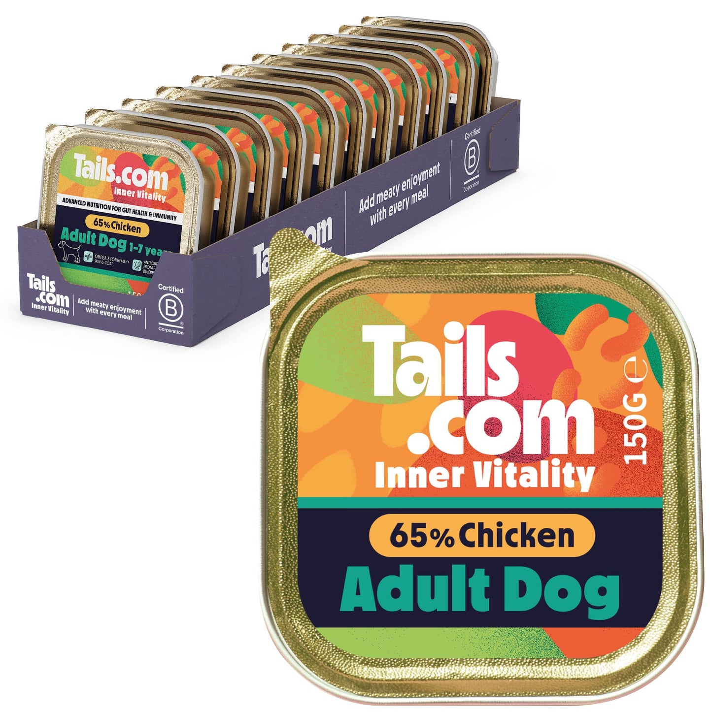 Tails.com Inner Vitality - Wet Dog Food Tray Sensitive Adult Chicken & Cod 11 x 150g - 1-7 yrs - Grain free recipe - Source of Omega 3 to support healthy skin & coat