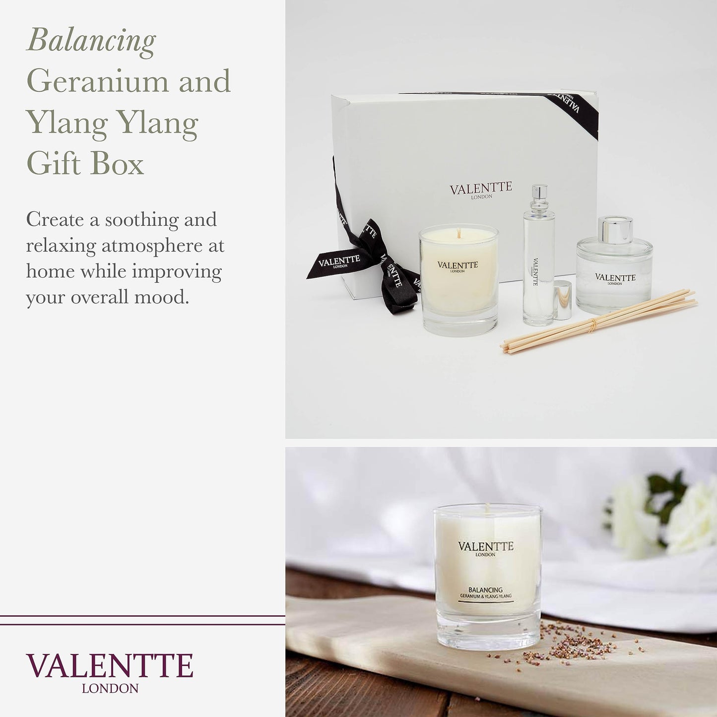 Scented Gift Box with Candle, Reed Diffuser, and Room Mist, Aromatherapy Essential Oils, Long Lasting Fragrance, Made in the UK (Lemongrass and Rosemary) (150g, 100ml, 30ml) - Valentte