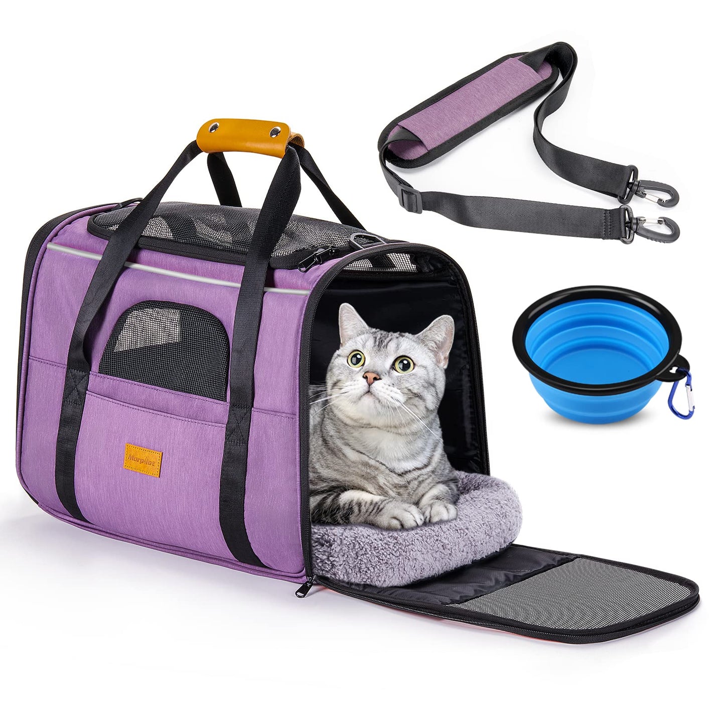 Morpilot Portable Pet Carrier Bag, Top Opening, Removable Mat and Breathable Mesh, Foldable Transport Carrier for Dogs and Cats, with Shoulder Strap and Pet Bowl