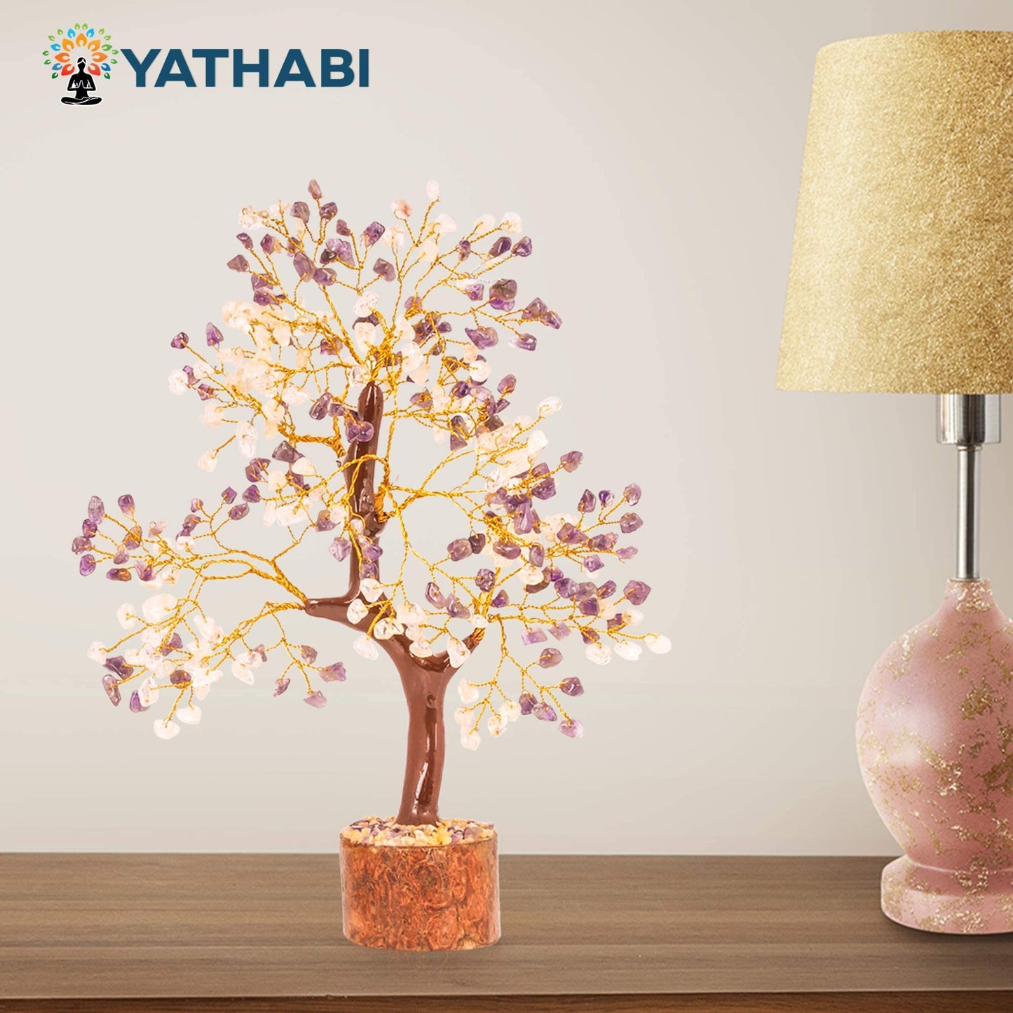 Tree of Life Gemstone Bonsai - Artificial Home and Office Decor, Spiritual Gift With Chakra Stones, Love Stone, Positive Energy - Crystal Rose Quartz