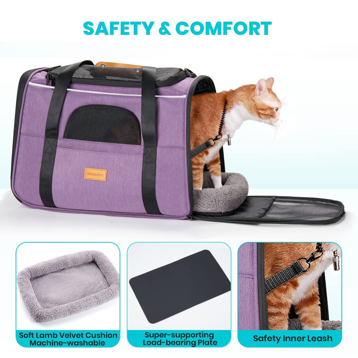 Morpilot Portable Pet Carrier Bag, Top Opening, Removable Mat and Breathable Mesh, Foldable Transport Carrier for Dogs and Cats, with Shoulder Strap and Pet Bowl