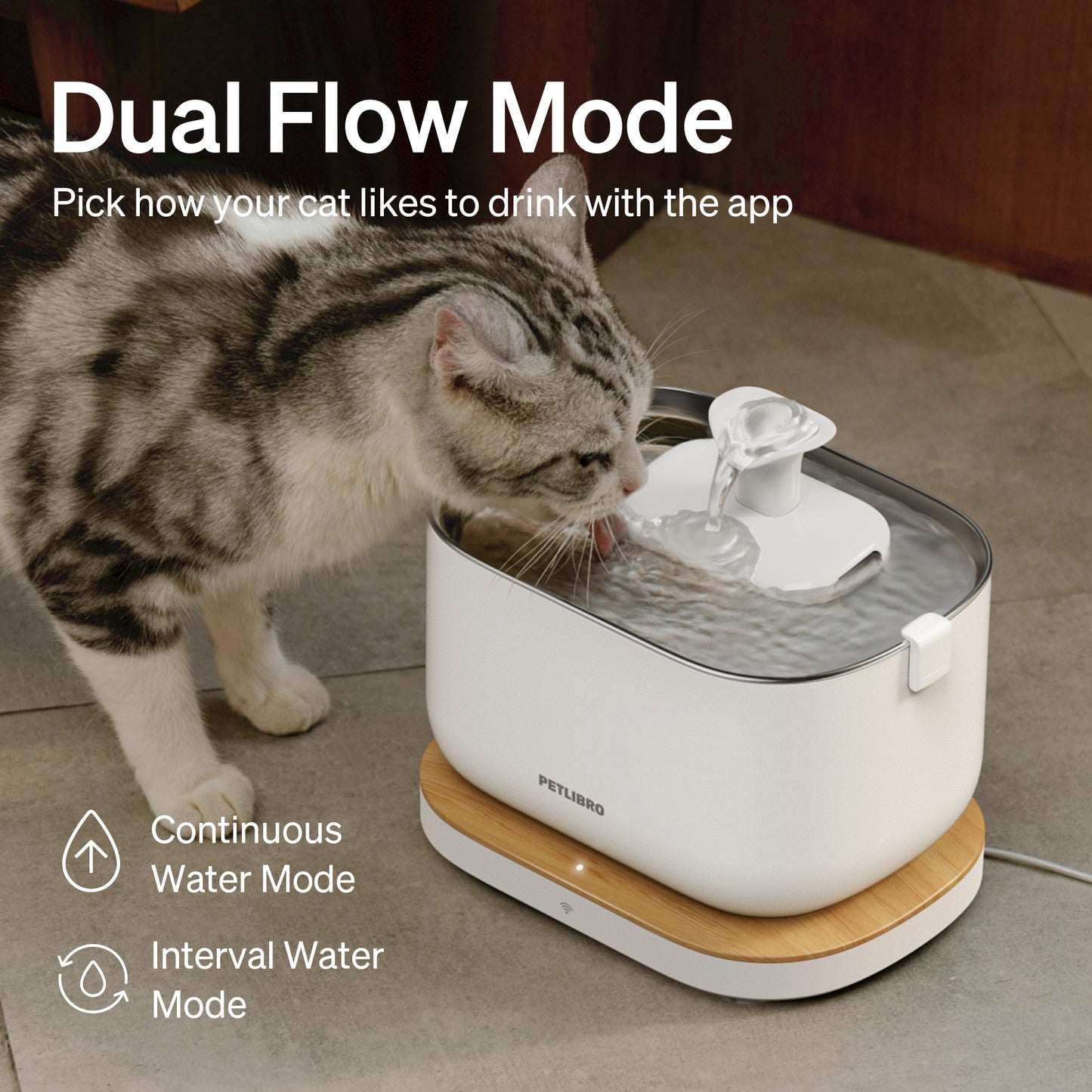 PETLIBRO Dockstream Cat Fountain, Smart Water Intake Tracker, 2.4 GHz WiFi App Control, Pet Drink Dispenser with Stainless Steel Tray, Plug-in Power Supply Required (White, 2.5L)