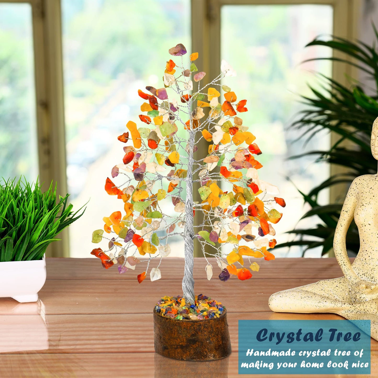 Tree of Life Gemstone Bonsai - Artificial Home and Office Decor, Spiritual Gift With Chakra Stones, Love Stone, Positive Energy - Crystal Rose Quartz