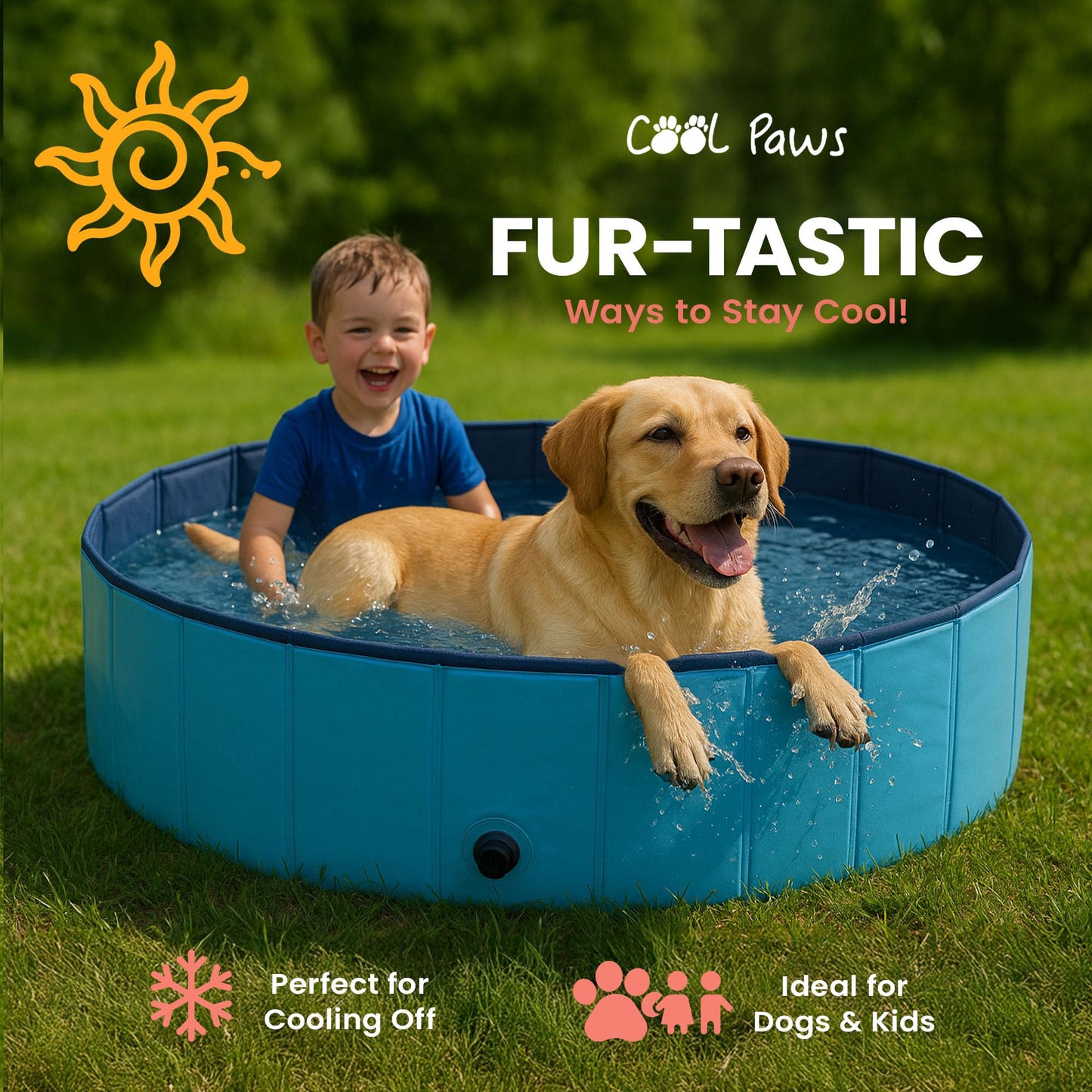 Cool Paws Paddling Pool – Foldable Dog & Kids Pool in Multiple Sizes (S–XL), Leakproof & Durable Hard Plastic Design, Pet Bath or Play Pool for Indoors, Outdoors, Garden, Patio – Blue