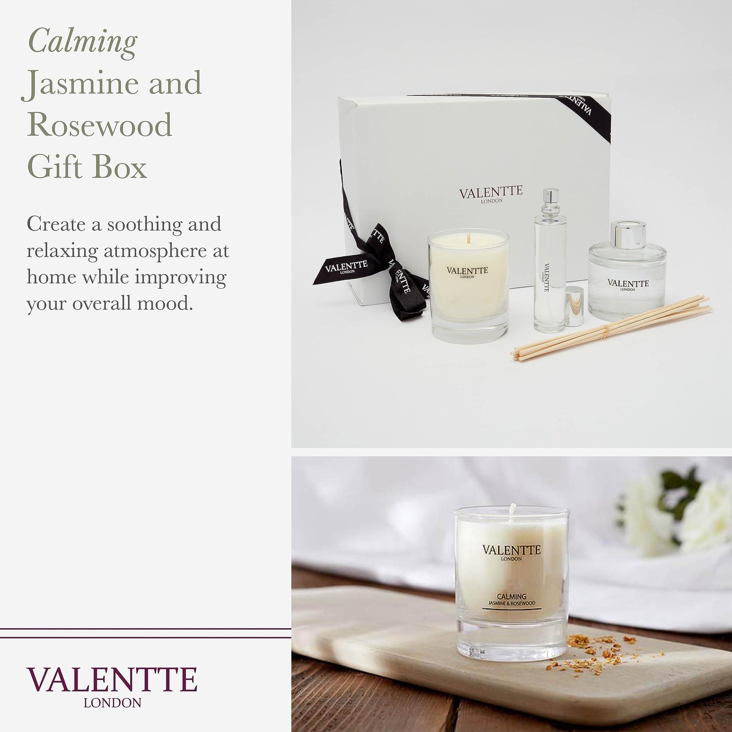 Scented Gift Box with Candle, Reed Diffuser, and Room Mist, Aromatherapy Essential Oils, Long Lasting Fragrance, Made in the UK (Lemongrass and Rosemary) (150g, 100ml, 30ml) - Valentte