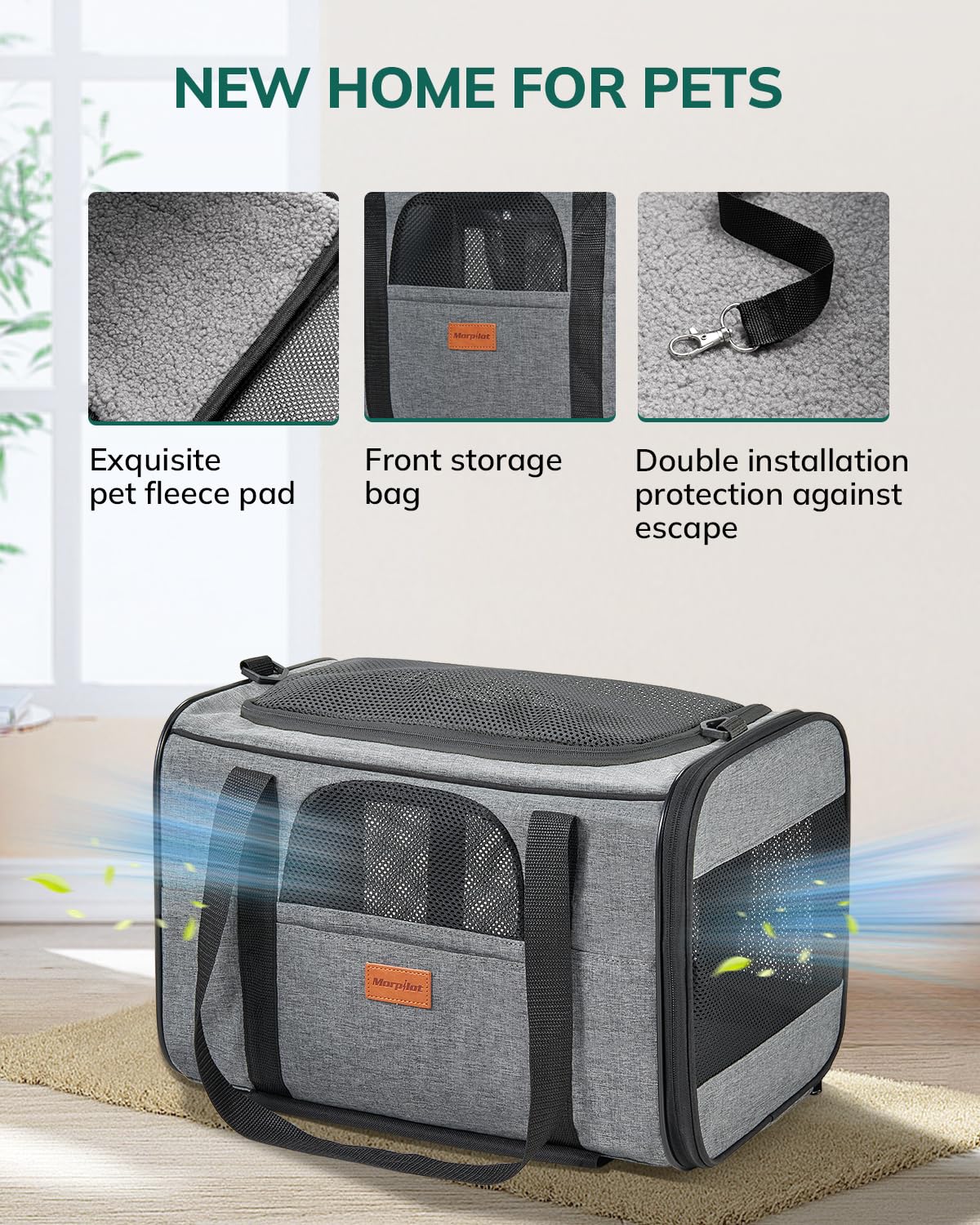 Morpilot Portable Pet Carrier Bag, Top Opening, Removable Mat and Breathable Mesh, Foldable Transport Carrier for Dogs and Cats, with Shoulder Strap and Pet Bowl
