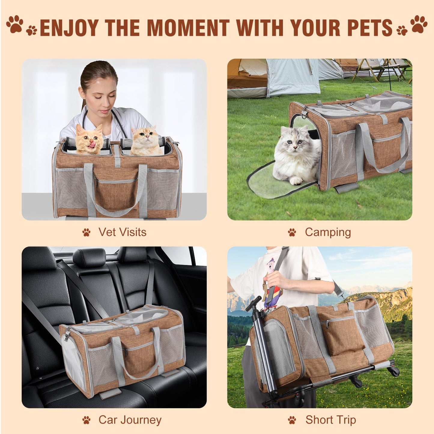 Double-Compartment Rolling Cat Carrier with Wheels for 2 Cats, Foldable Pet Carrier with Wheels for 2 Small Cats and Dogs, Fully Breathable, Perfect for Traveling/Hiking/Camping/Veterinary Visits
