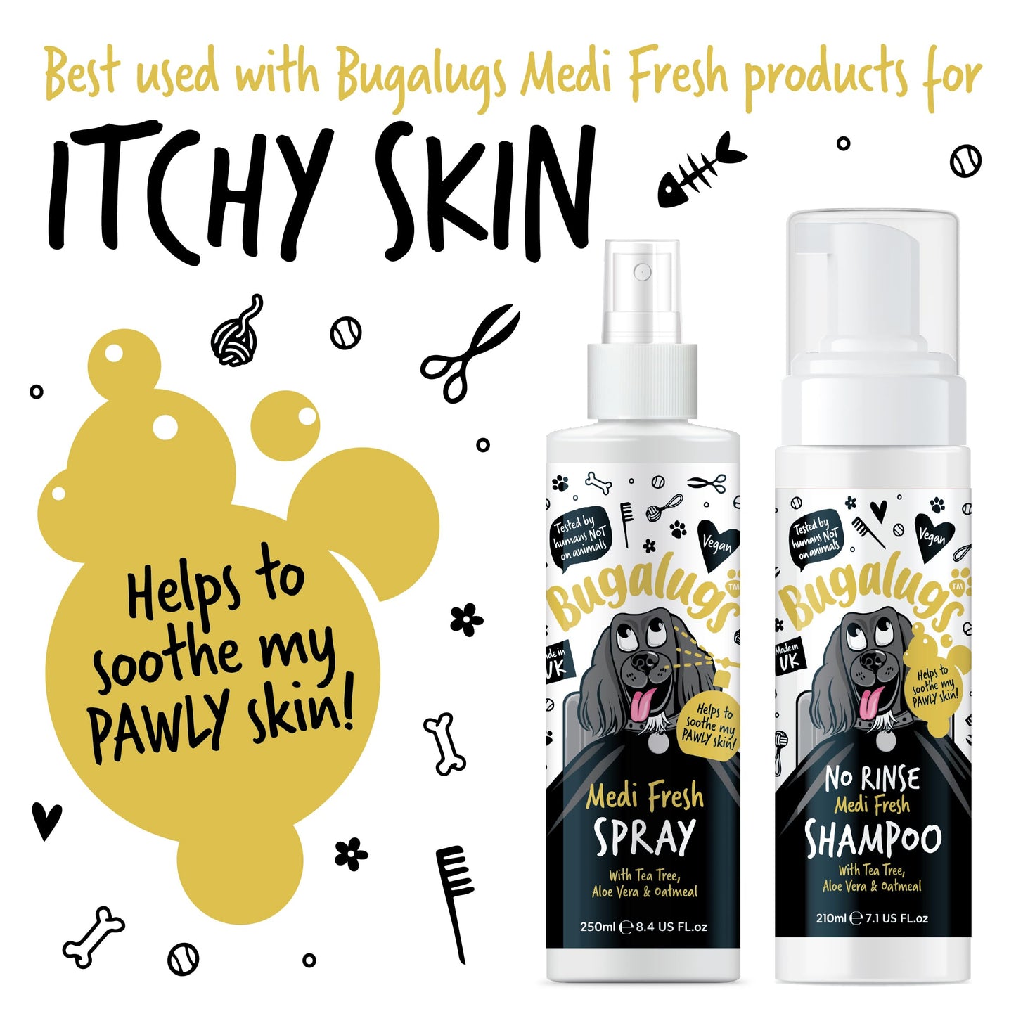 BUGALUGS Dog Shampoo for Itchy Skin, Medi Fresh Natural Safe Sensitive Formula - Soothing Skin Cooling For Skin Irritation and anti itch
