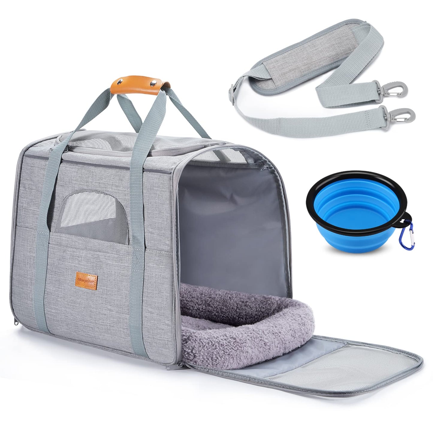 Morpilot Portable Pet Carrier Bag, Top Opening, Removable Mat and Breathable Mesh, Foldable Transport Carrier for Dogs and Cats, with Shoulder Strap and Pet Bowl