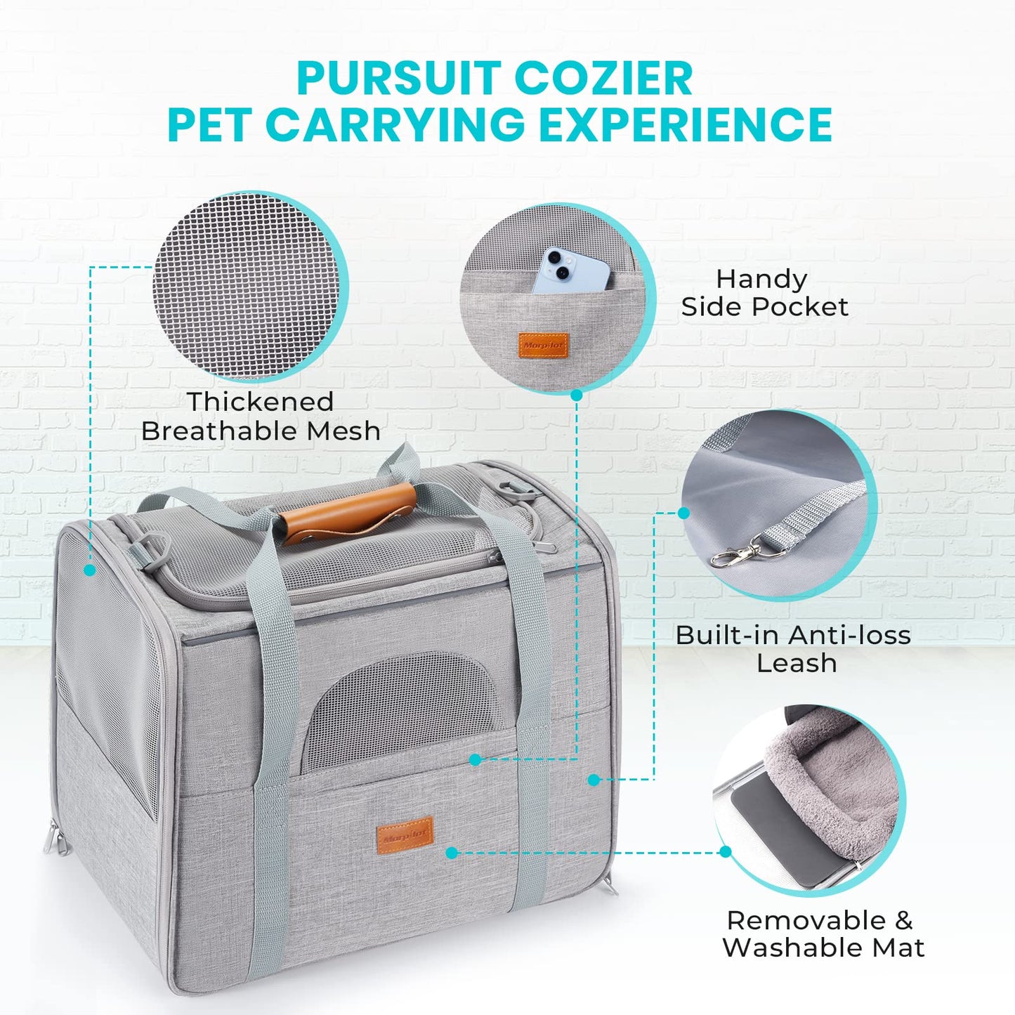 Morpilot Portable Pet Carrier Bag, Top Opening, Removable Mat and Breathable Mesh, Foldable Transport Carrier for Dogs and Cats, with Shoulder Strap and Pet Bowl