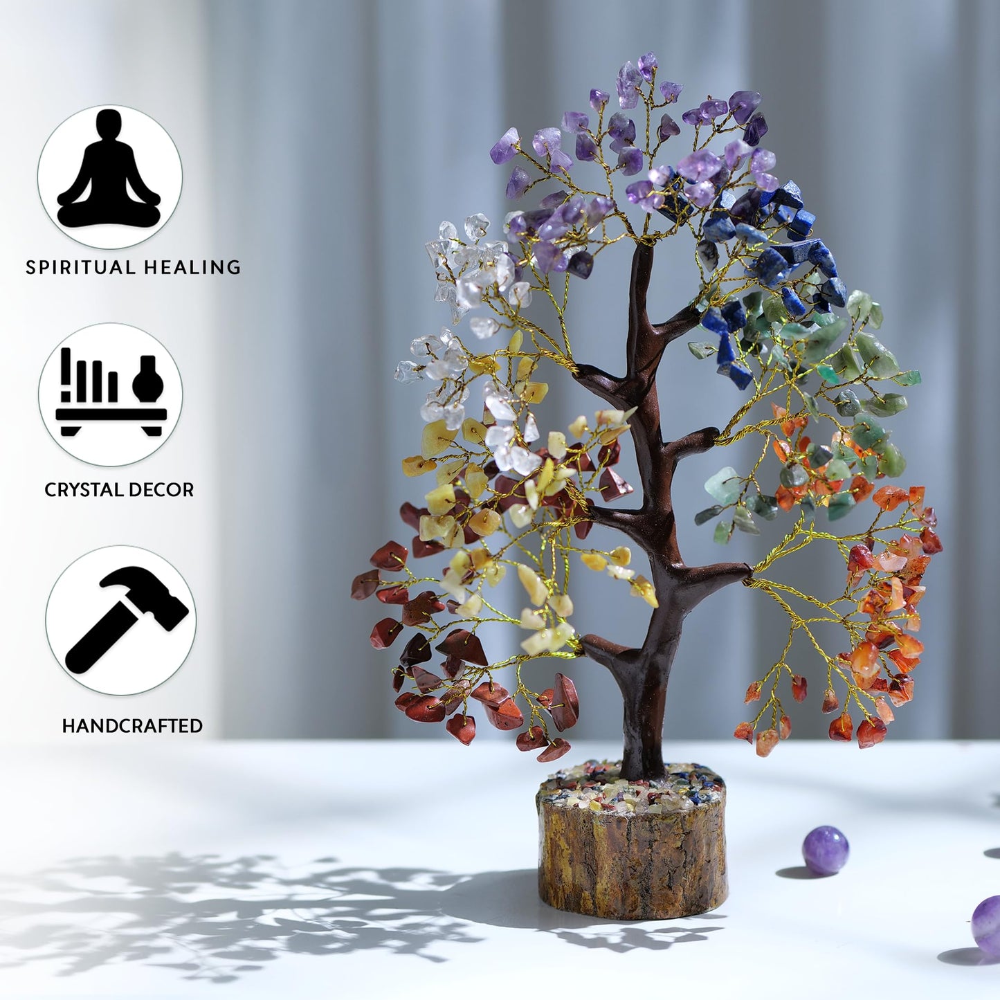 Tree of Life Gemstone Bonsai - Artificial Home and Office Decor, Spiritual Gift With Chakra Stones, Love Stone, Positive Energy - Crystal Rose Quartz