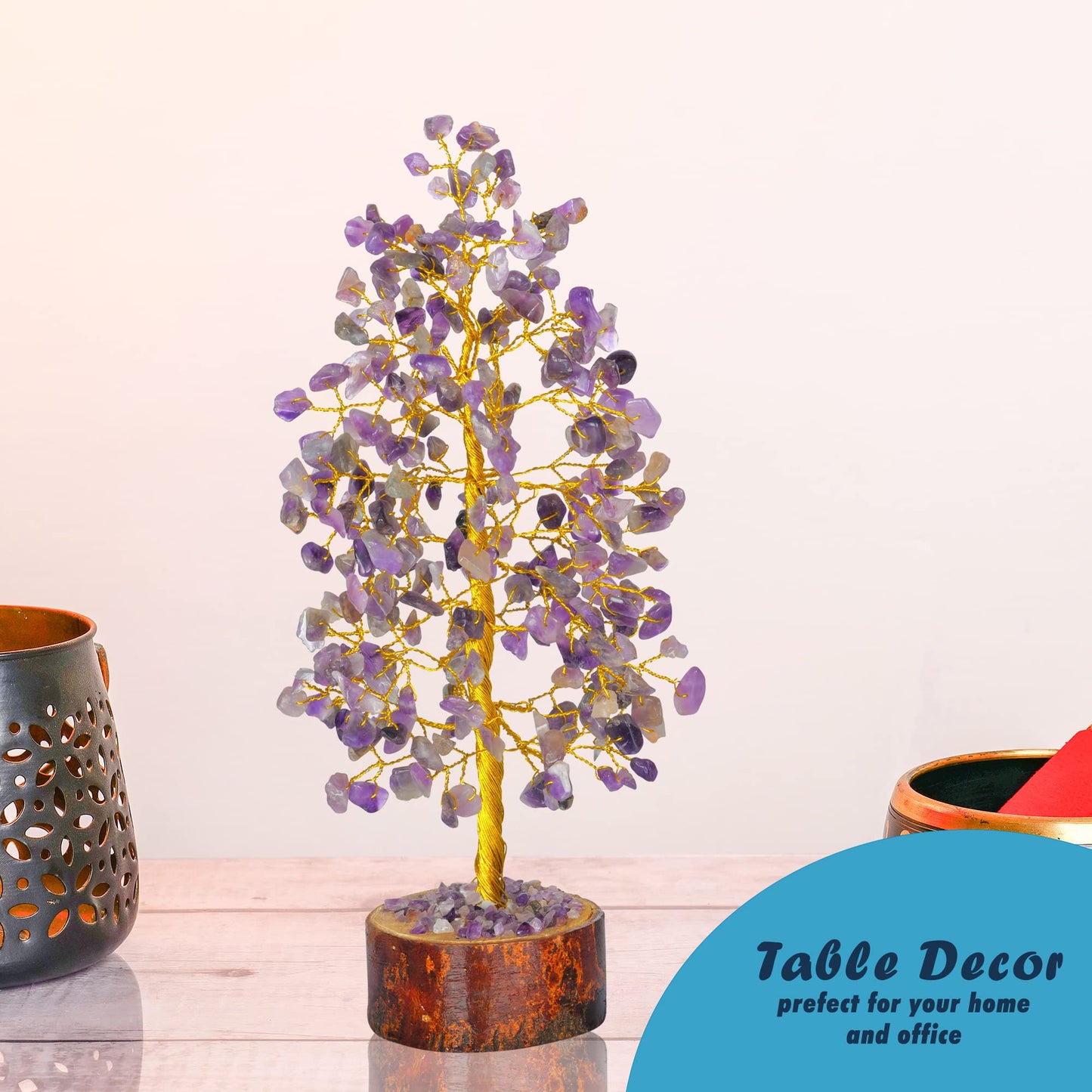 Tree of Life Gemstone Bonsai - Artificial Home and Office Decor, Spiritual Gift With Chakra Stones, Love Stone, Positive Energy - Crystal Rose Quartz