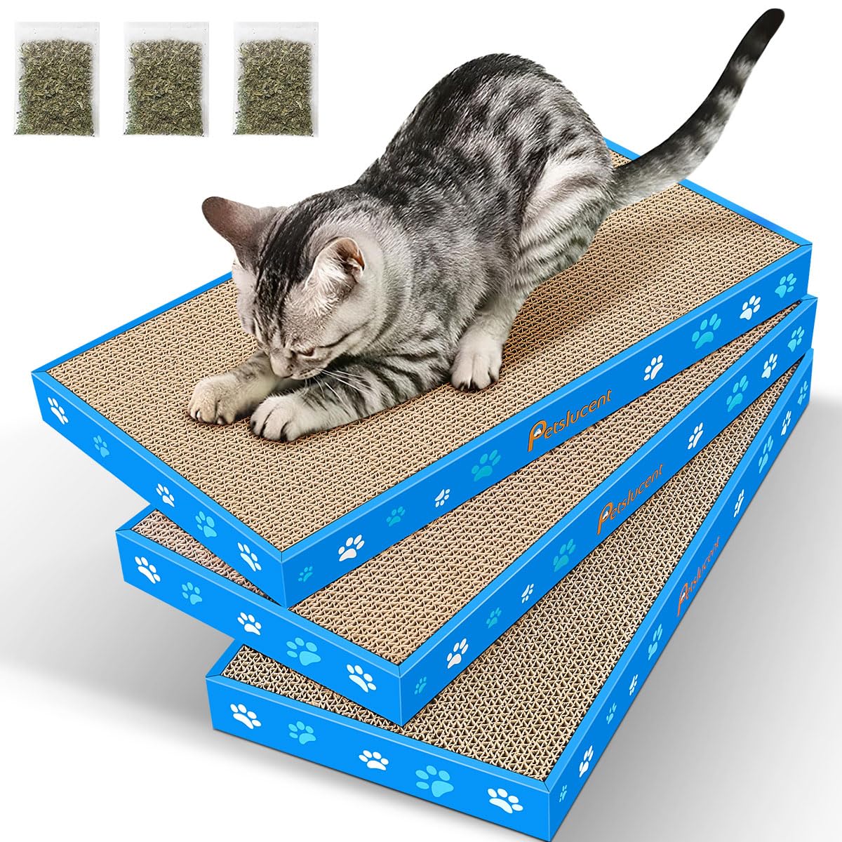Petslucent Cat Scratching Board, Corrugate Cat Scratcher for Indoor Cats with Box, Cat Scratch Pad with Catnip, Cardboard Cat Scratcher Double-Sided Usability (1PCS)