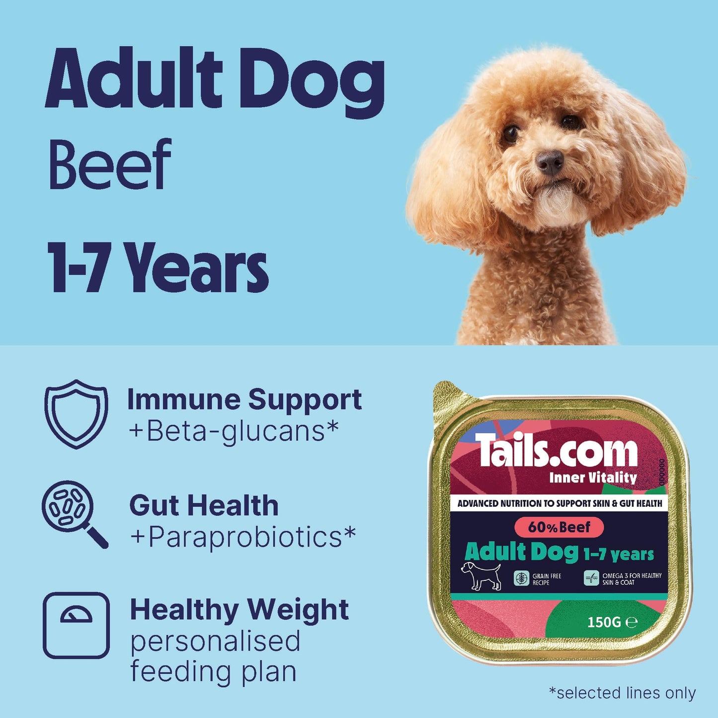 Tails.com Inner Vitality • Wet Dog Food 11 x 150g • Sensitive Chicken & Cod • Adult 1-7 years • Grain Free Recipe • Made with natural ingredients • Contains Omega 3 to Support Skin and Coat