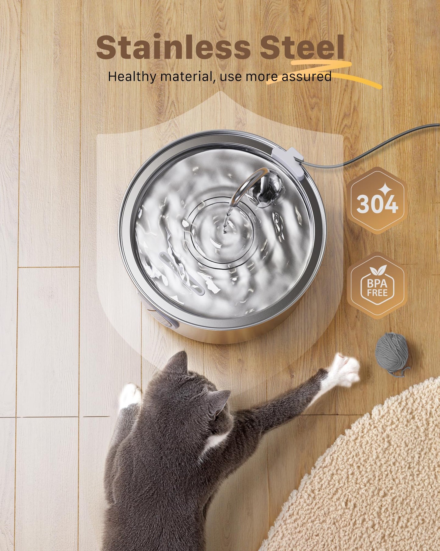 Cat Water Fountain for Drinking: Stainless Steel Cat Fountain - 2.2L Water Fountain Cat Bowl - Pet Water Fountain - Cat Drinking Fountain - Visible Water Level Cat Water Dispensers - GIOTOHUN